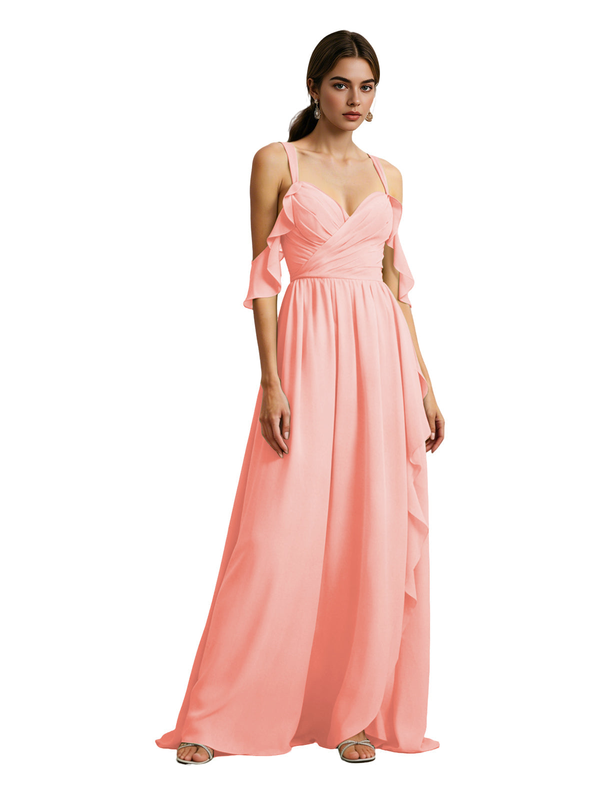 Blush pink chiffon cold-shoulder bridesmaid dress with draped V-neck bodice and long skirt
