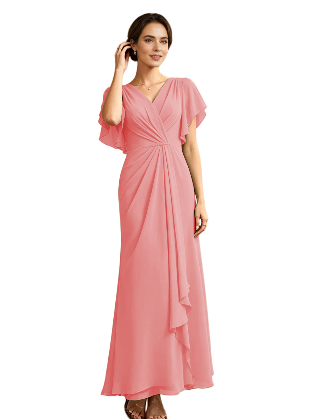 Coral pink chiffon A-line mother-of-the-bride dress, V-neck, flutter sleeves, draped side ruffle