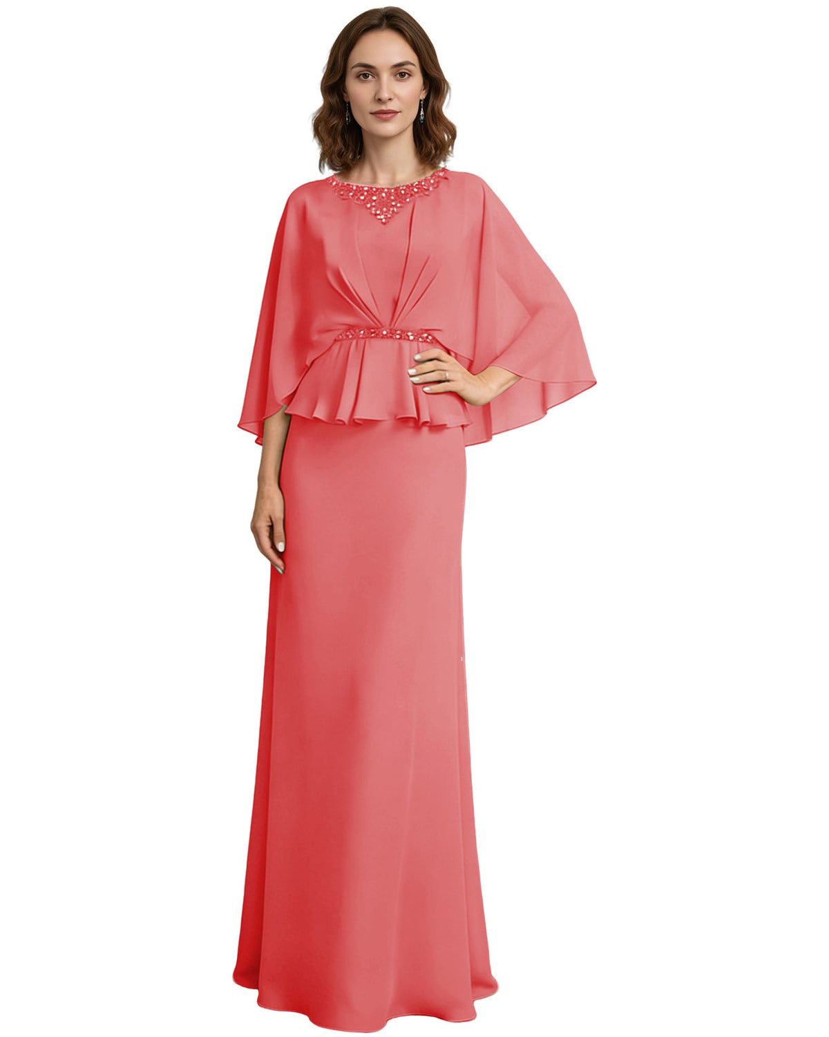 Coral mother-of-the-bride formal dress with beaded neckline, capelet sleeves, peplum waist.