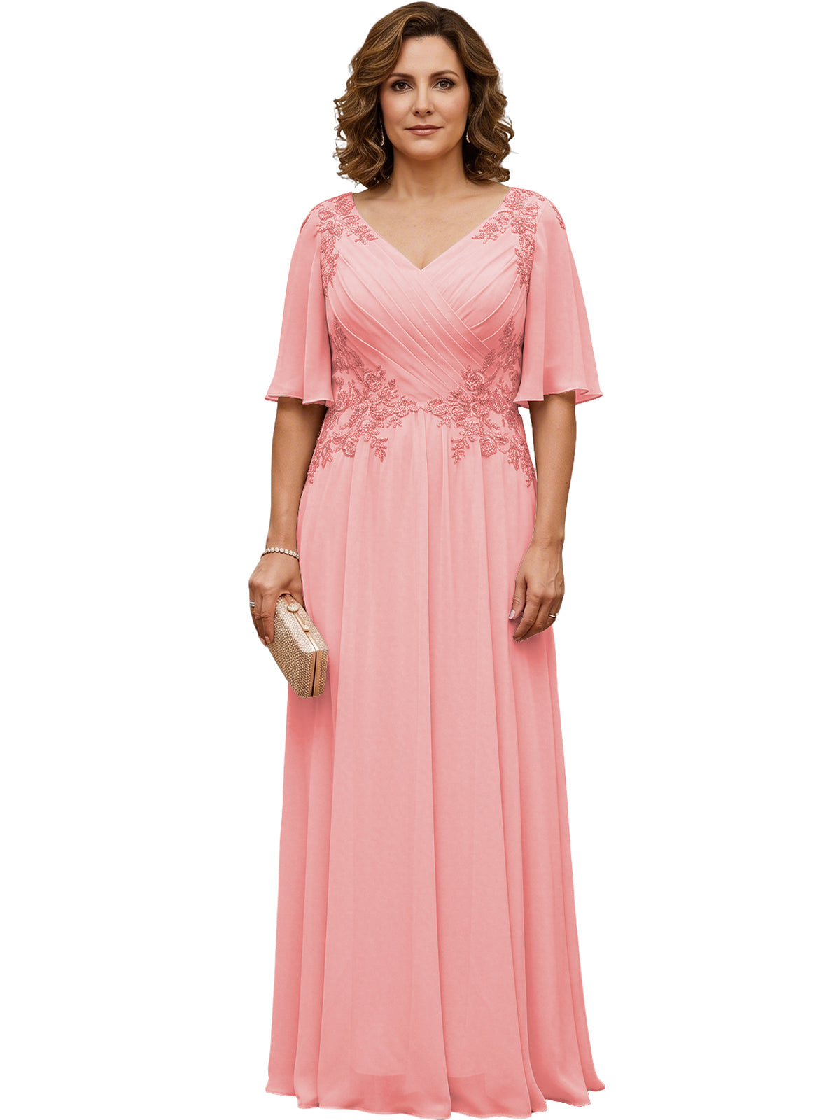 Long chiffon A-line gown in blush pink with V-neck, flutter sleeves, beaded lace bodice.