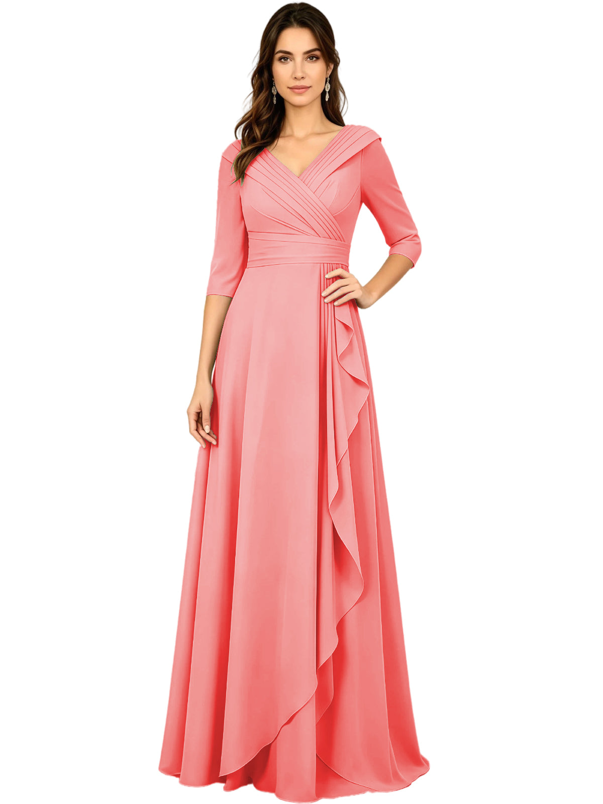 Pink chiffon A-line gown with V-neck, half sleeves, and side ruffle drape detail.
