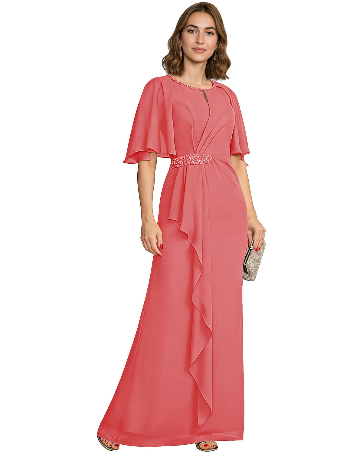 Chiffon A-line mother-of-the-bride dress with flutter sleeves, beaded waist, coral pink drape