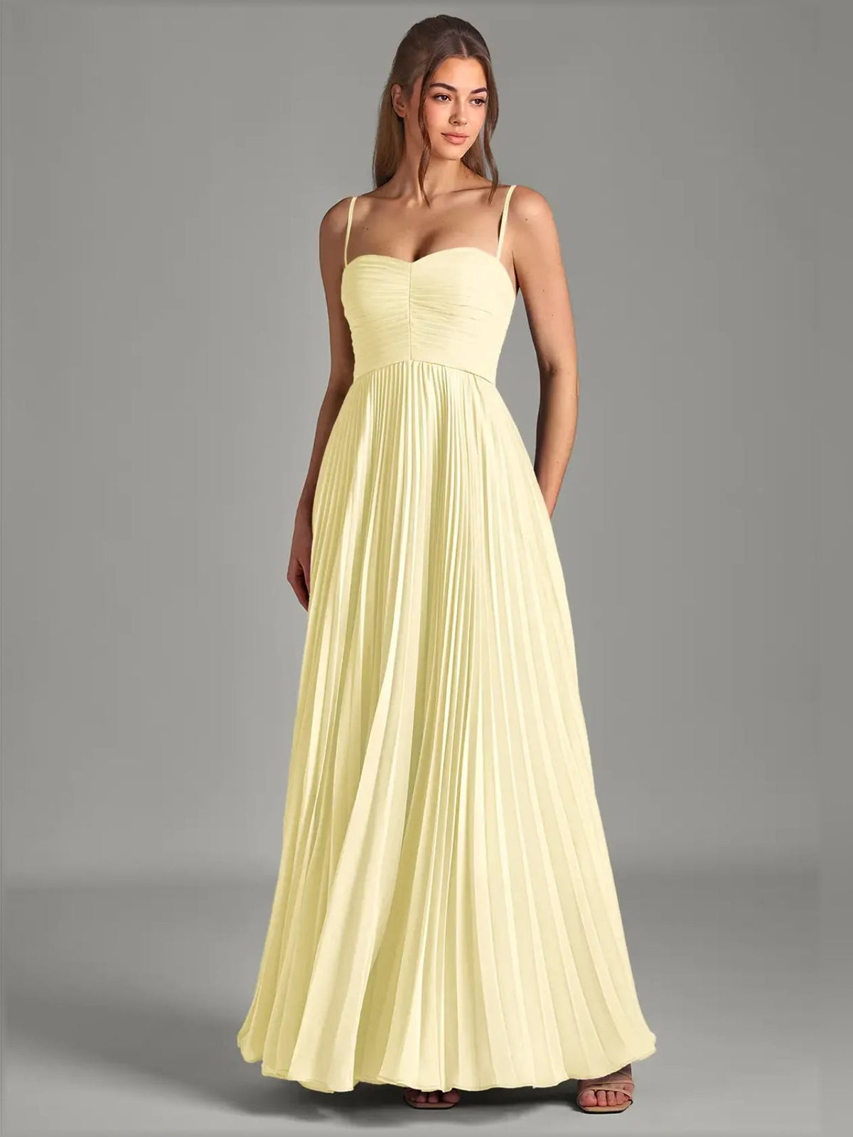 Strapless chiffon pleated A-line formal dress, pale lemon yellow, fitted bodice