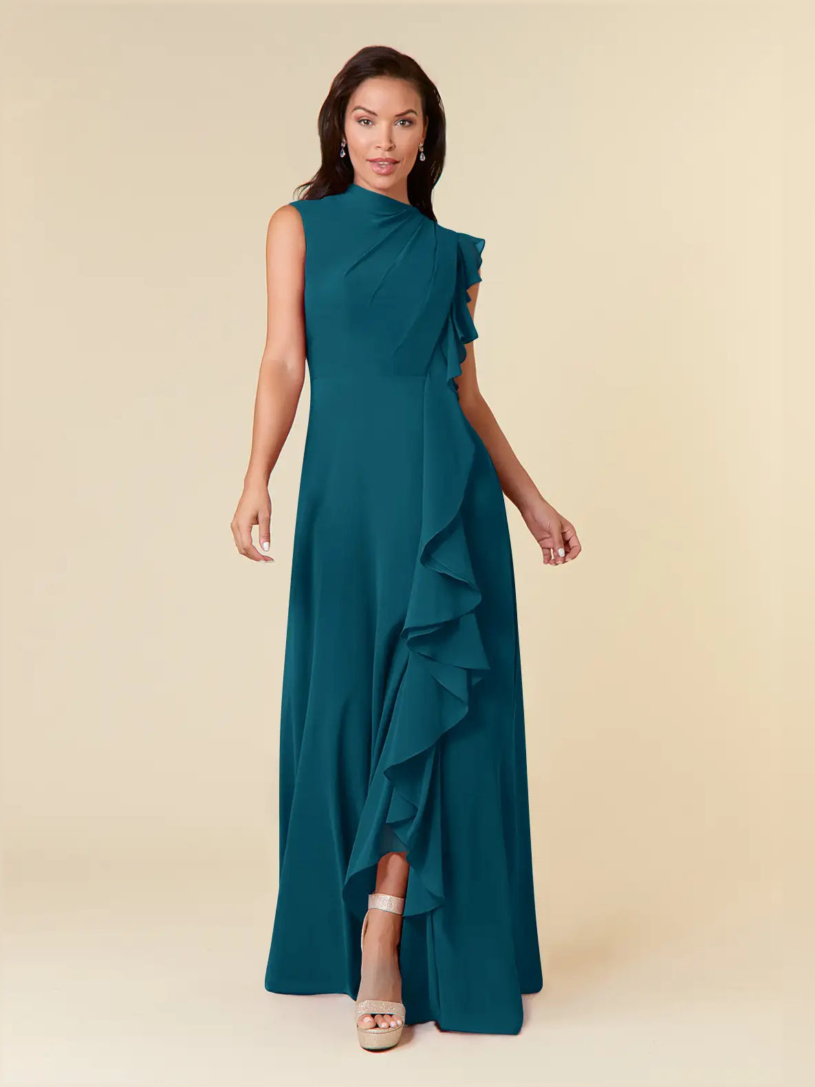 Teal chiffon maxi dress with high neck and layered ruffle drape, sleeveless A-line