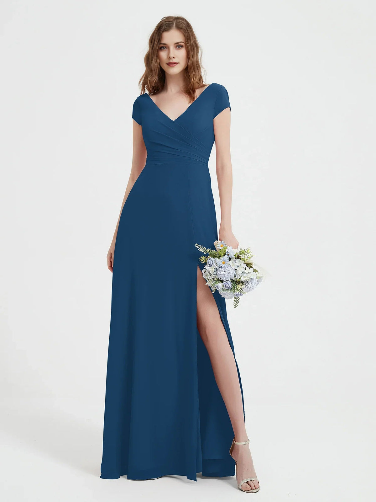 Blue V-neck maxi chiffon dress with ruched waist and side slit
