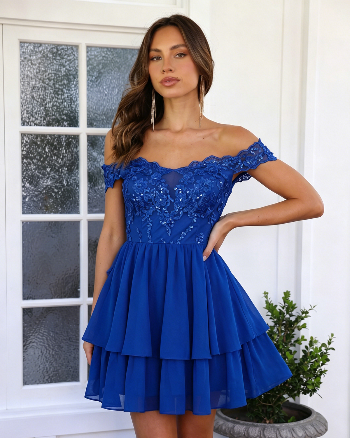 Royal blue off-shoulder lace A-line homecoming dress with tiered layers and fitted lace bodice