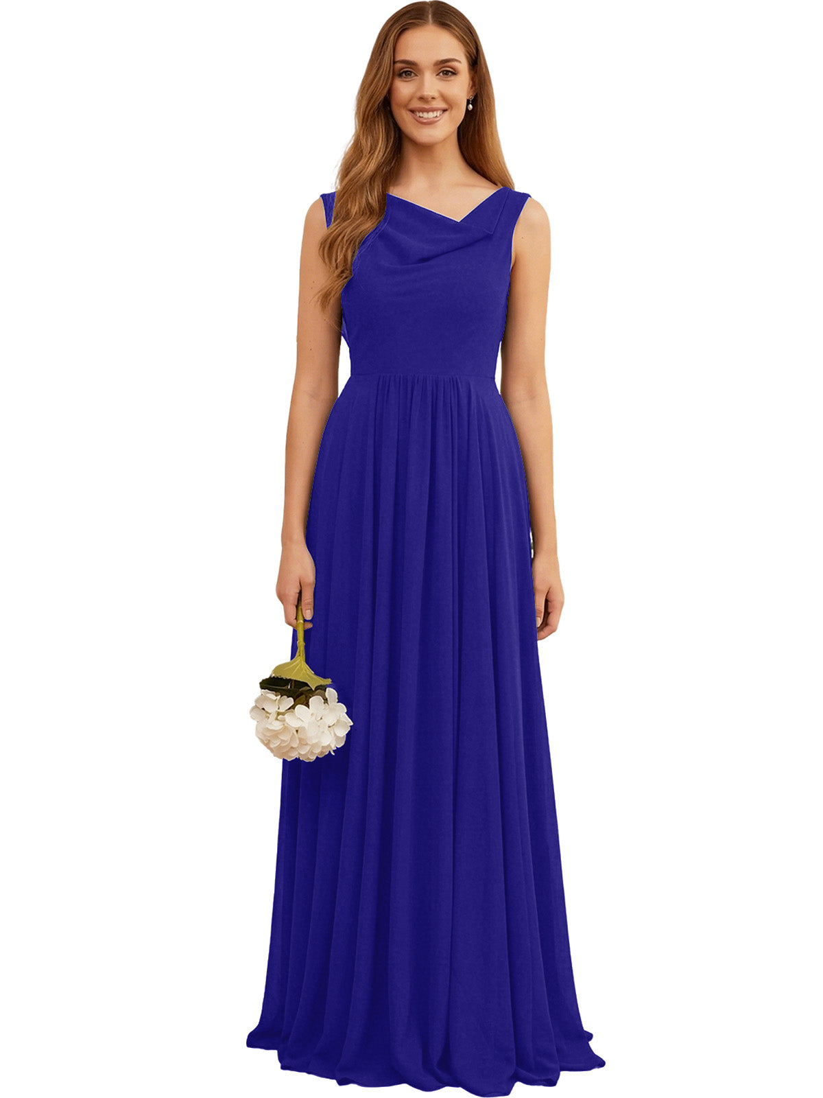 Deep blue chiffon bridesmaid dress with V-neck sleeveless bodice and pleated skirt