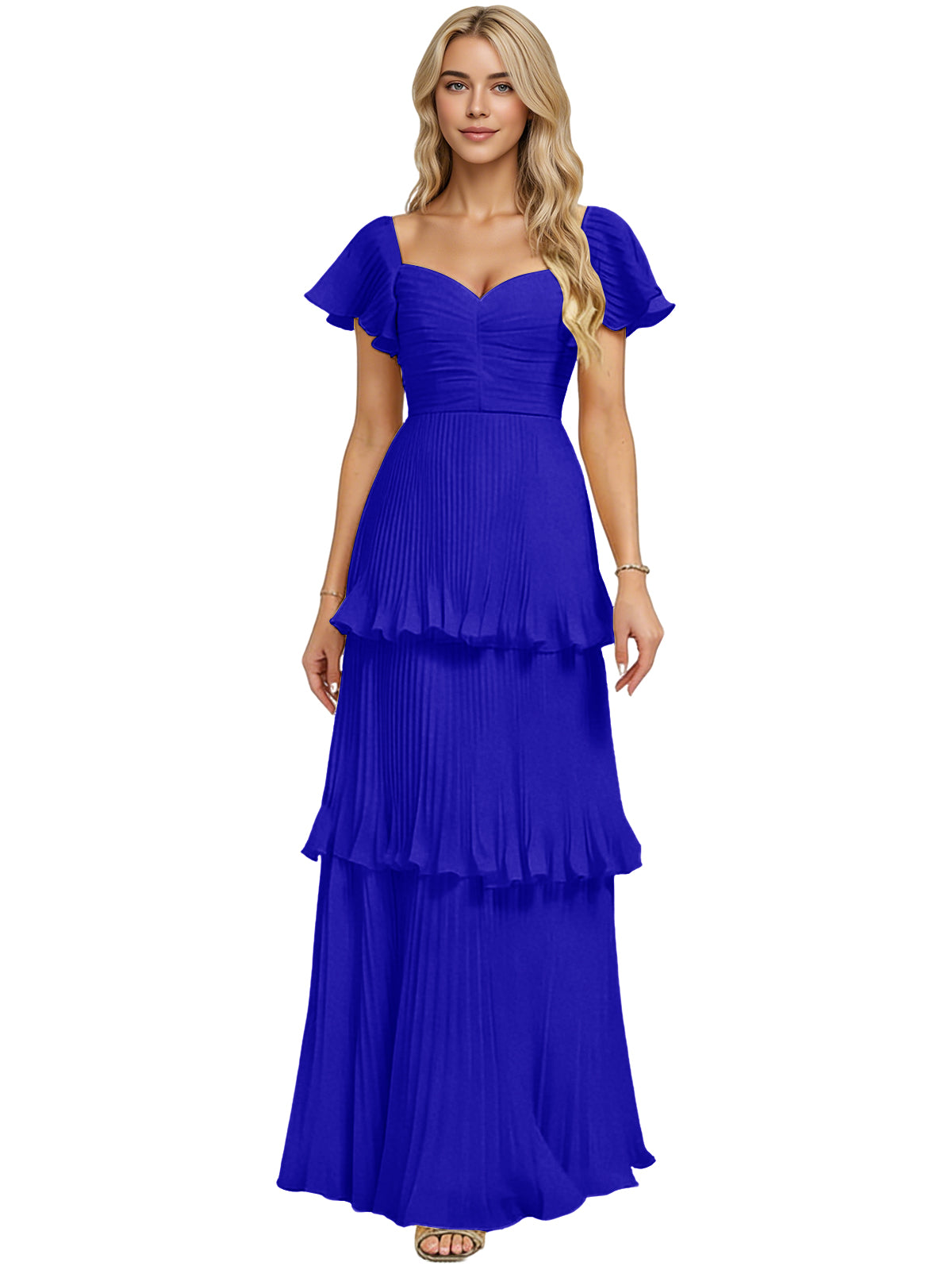 Royal blue tiered chiffon bridesmaid dress with sweetheart neckline and flutter sleeves