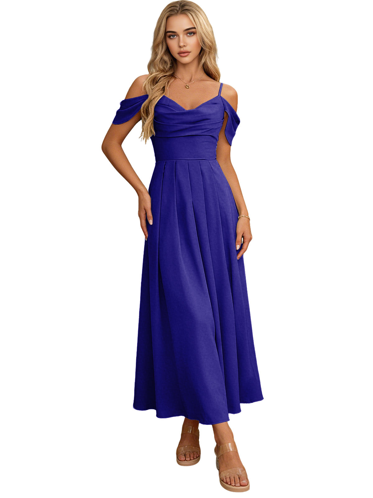 Royal blue off-shoulder midi bridesmaid dress with pleated bodice and flowing skirt