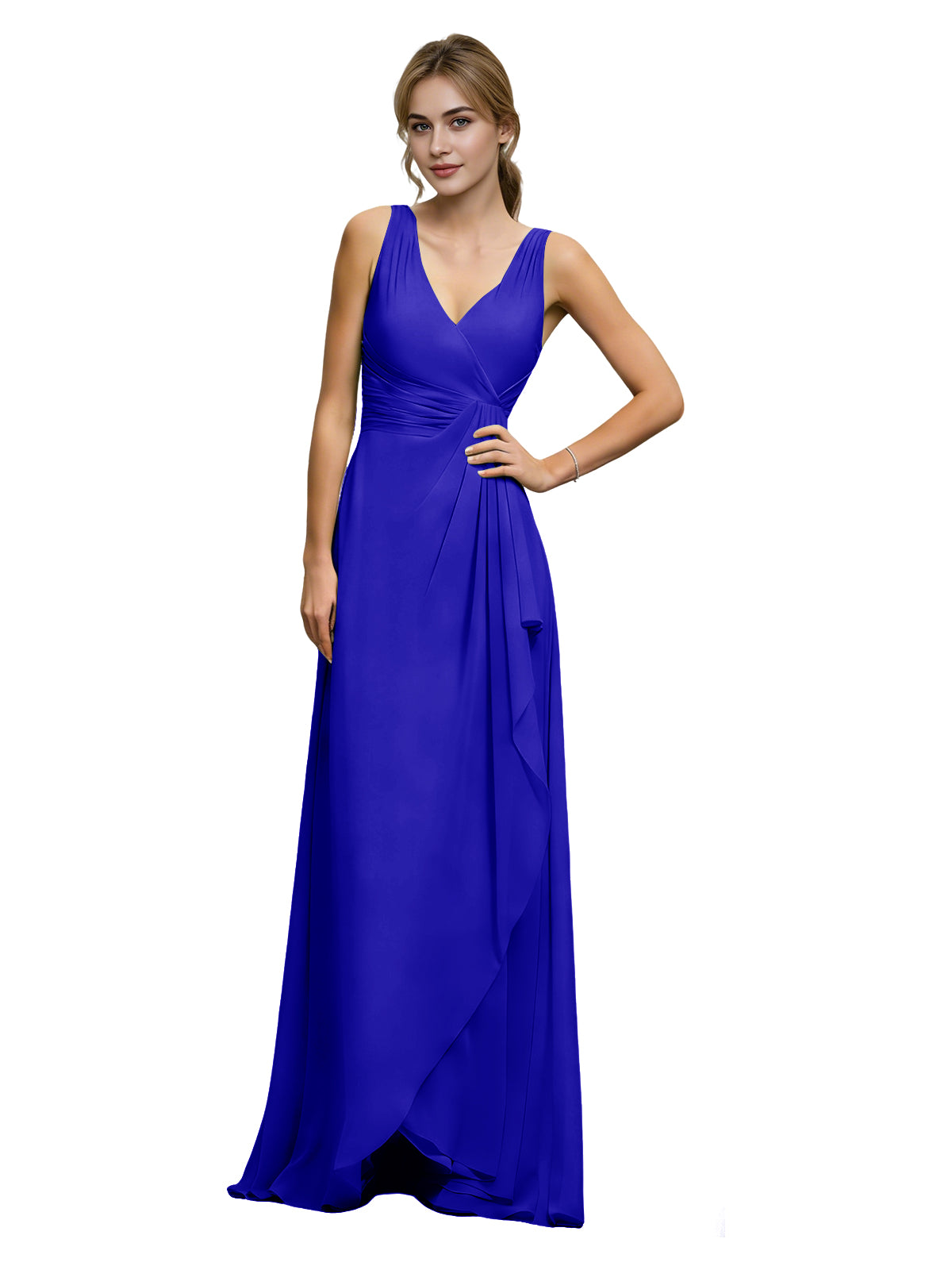 Halter V-neck chiffon bridesmaid dress in royal blue, draped sash at waist.