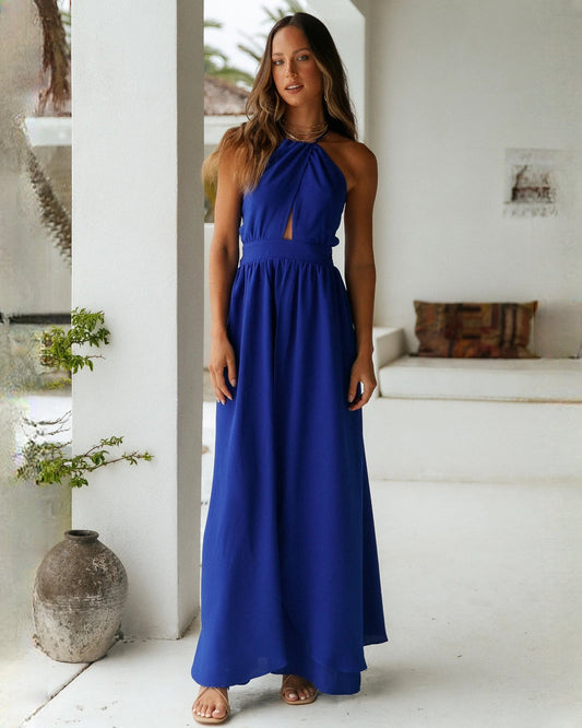 Royal blue sleeveless A-line maxi dress with keyhole halter neckline, front view