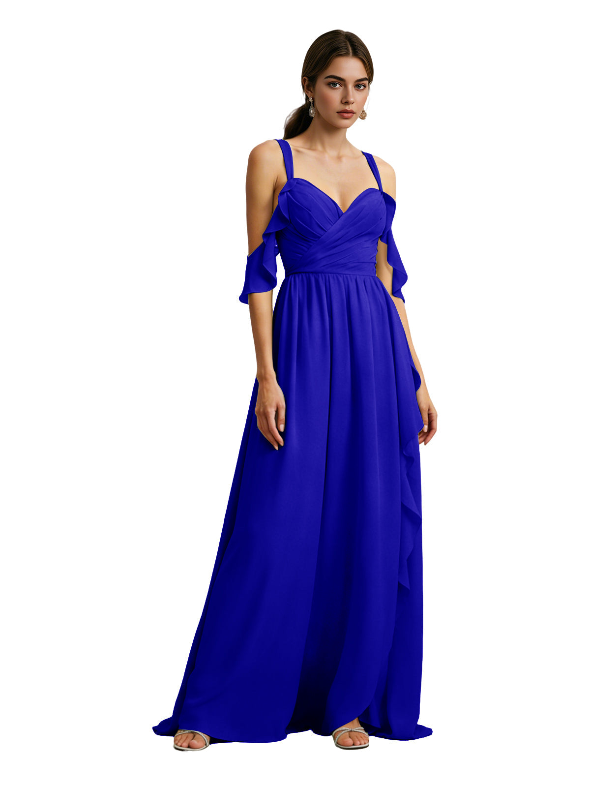 Royal blue chiffon cold-shoulder bridesmaid dress with draped V-neck bodice and maxi skirt