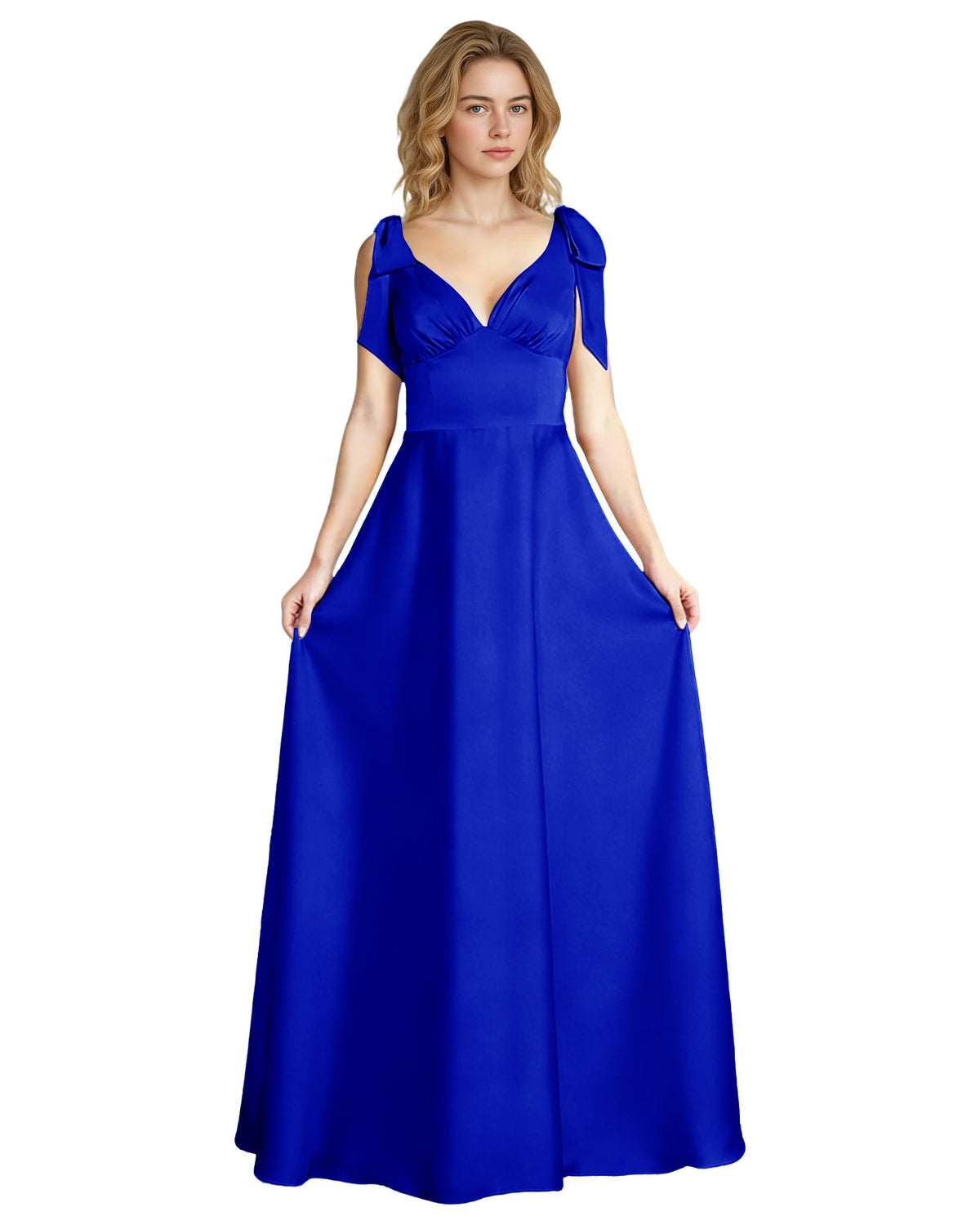Royal blue satin V-neck bow strap bridesmaid dress with empire waist and full skirt