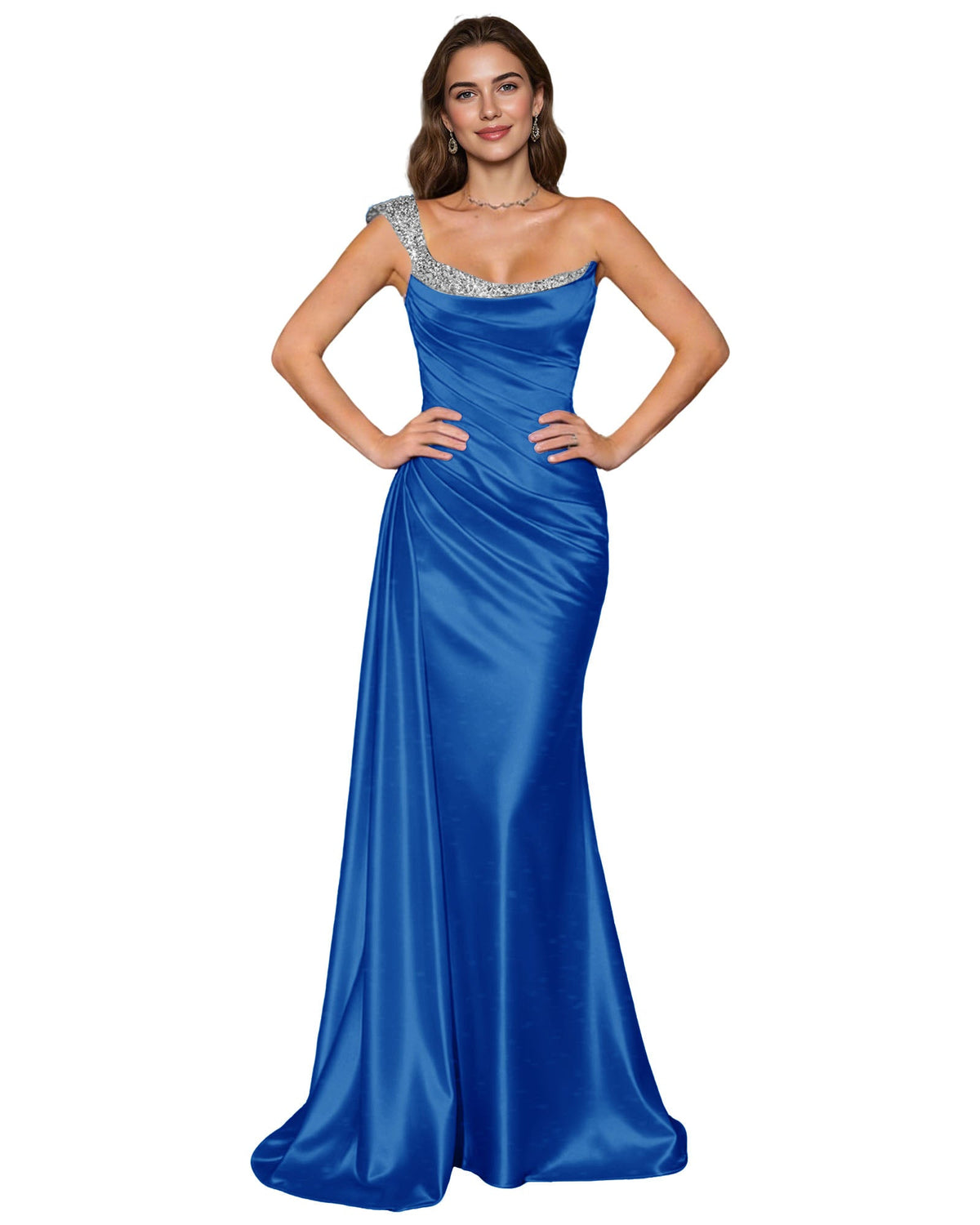 Royal blue satin mermaid prom dress with jeweled spaghetti straps and draped cowl neckline