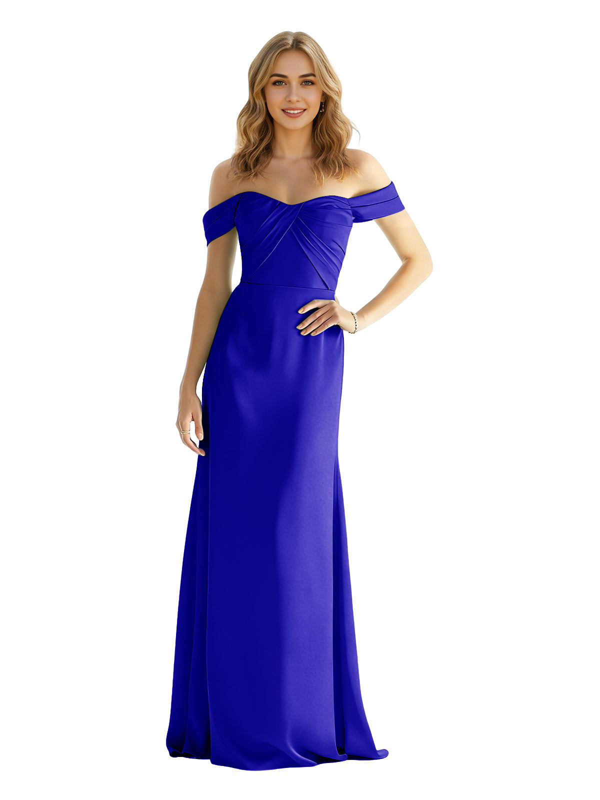 Royal blue satin off-shoulder sweetheart bridesmaid dress with wrapped bodice, floor length
