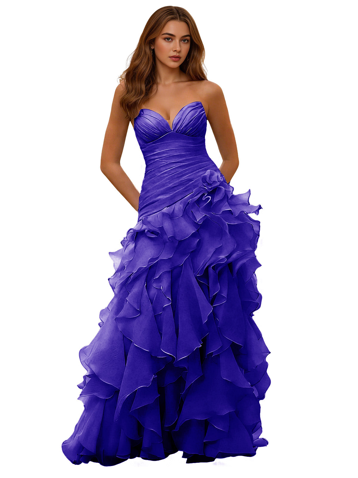 Strapless organza ruffle ball gown prom dress in deep blue, draped corset bodice