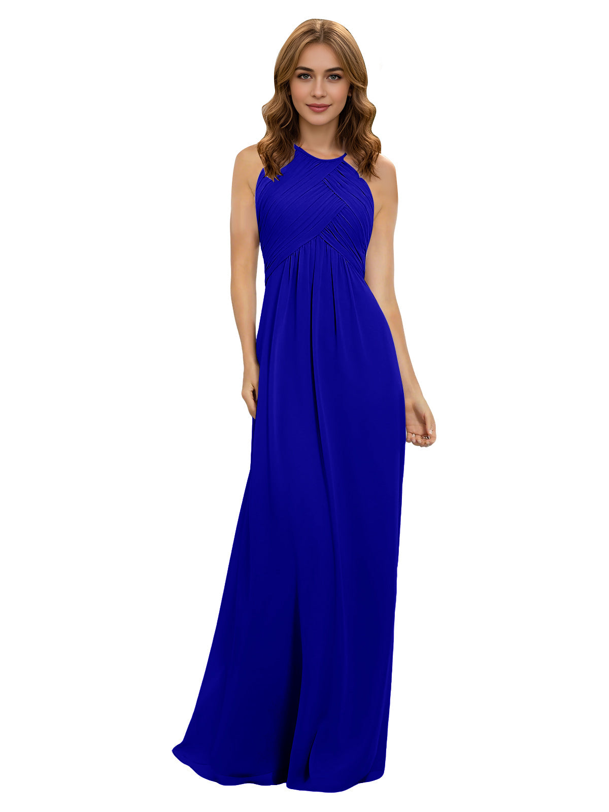 Royal blue halter chiffon bridesmaid dress with twisted bodice and flowing maxi skirt