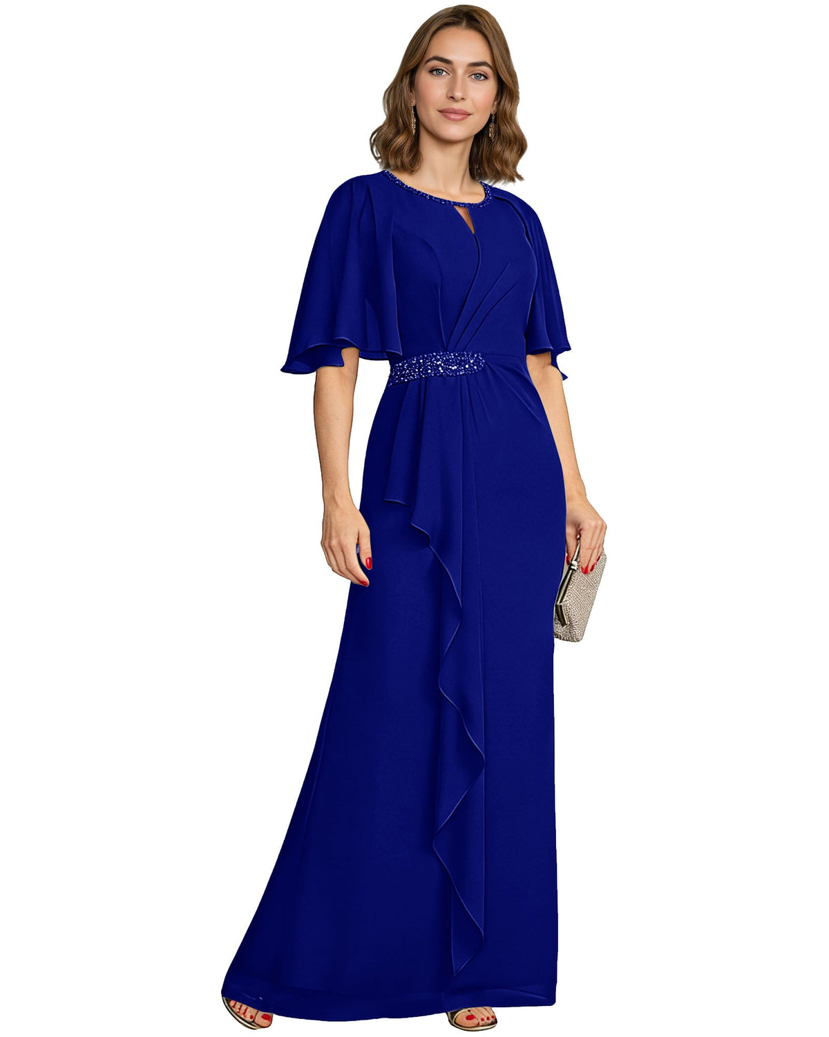 Chiffon A-line mother-of-the-bride dress with flutter sleeves, beaded waist, royal blue drape