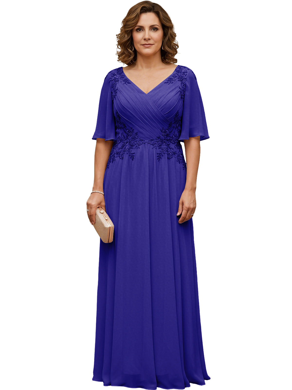 Long chiffon A-line gown in royal blue with V-neck, flutter sleeves, beaded lace bodice.