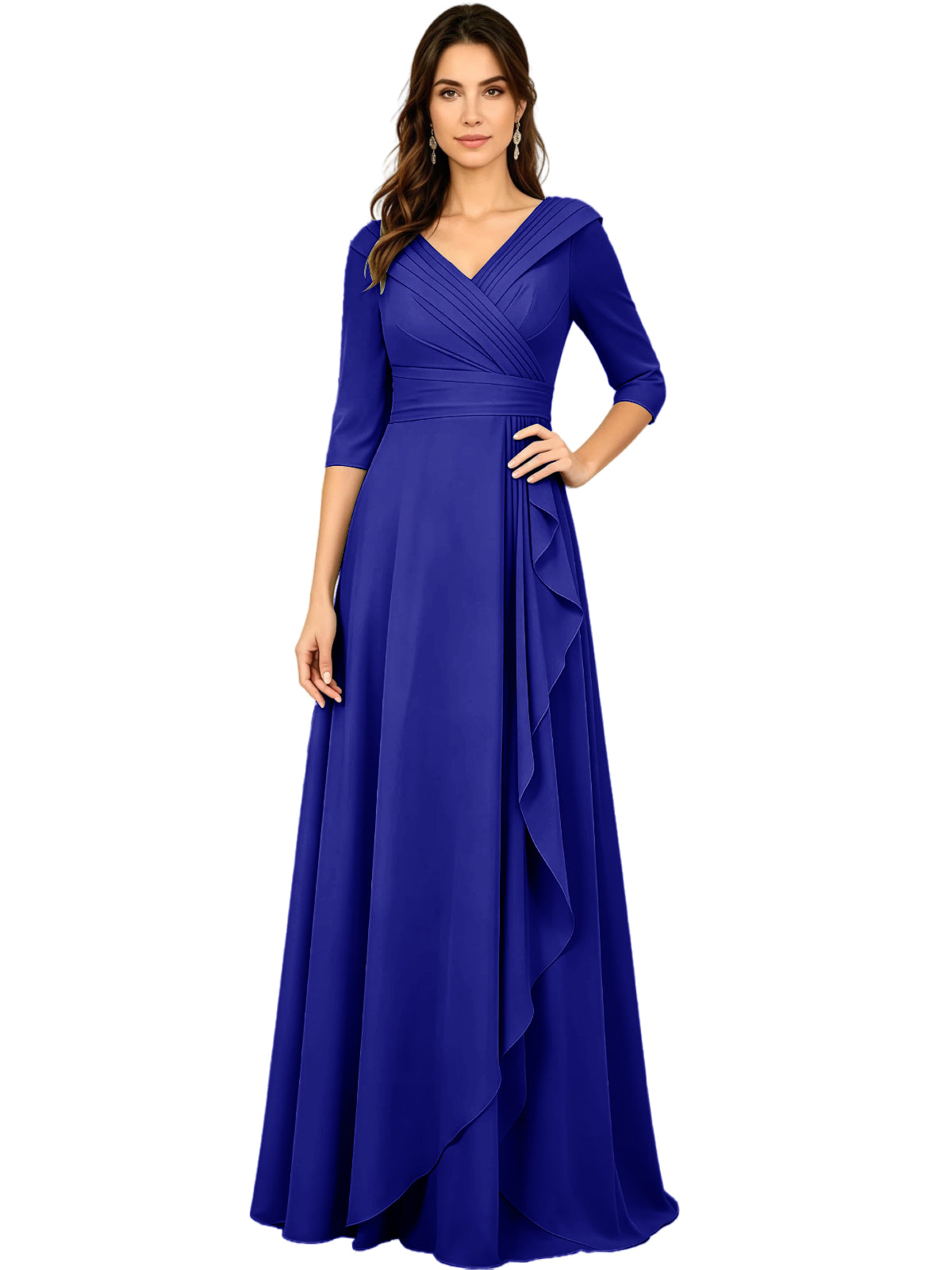 Navy blue chiffon A-line gown with V-neck, half sleeves, and side ruffle drape detail.