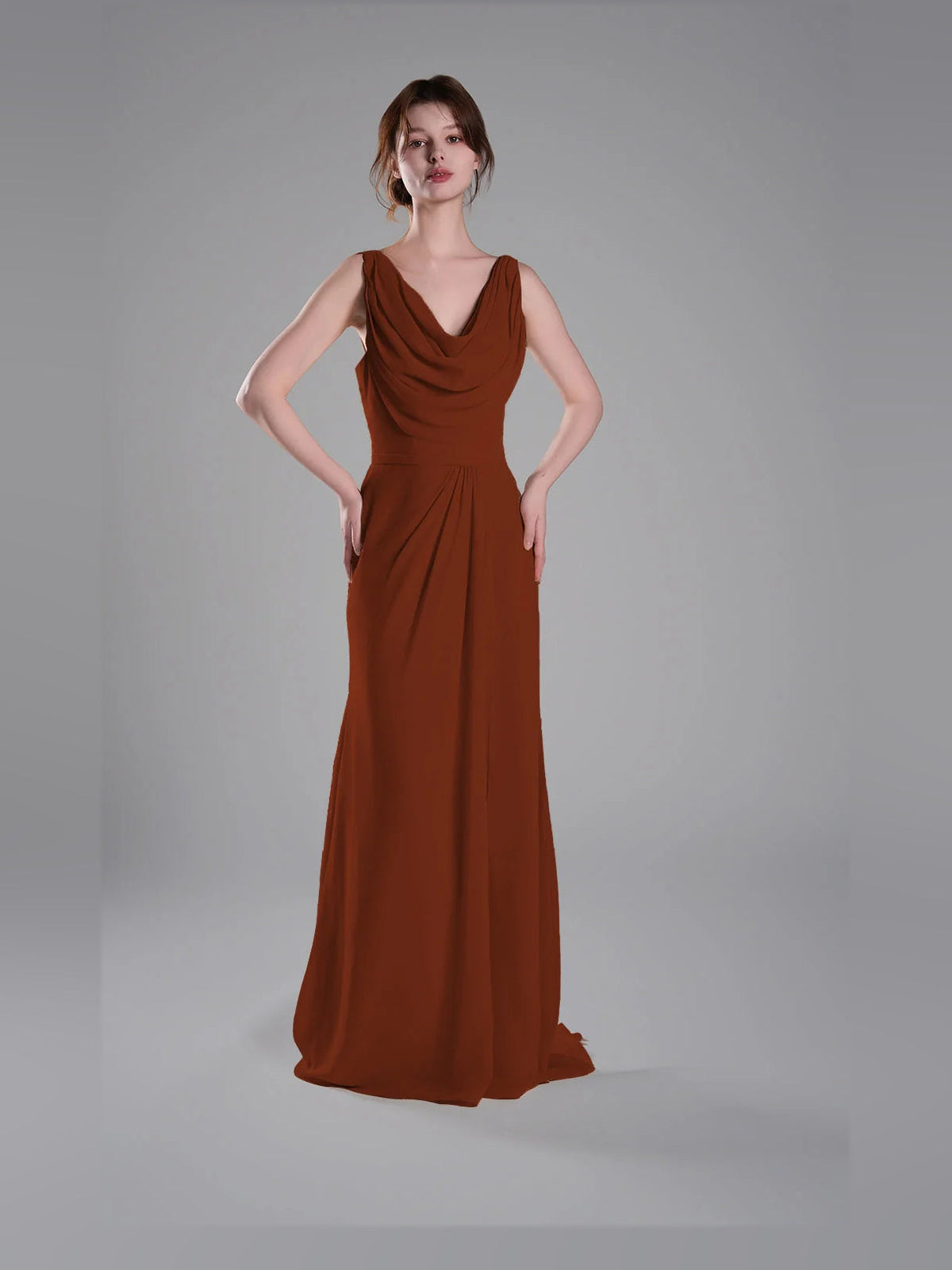 Rust brown cowl-neck sheath maxi dress with sleeveless draped neckline