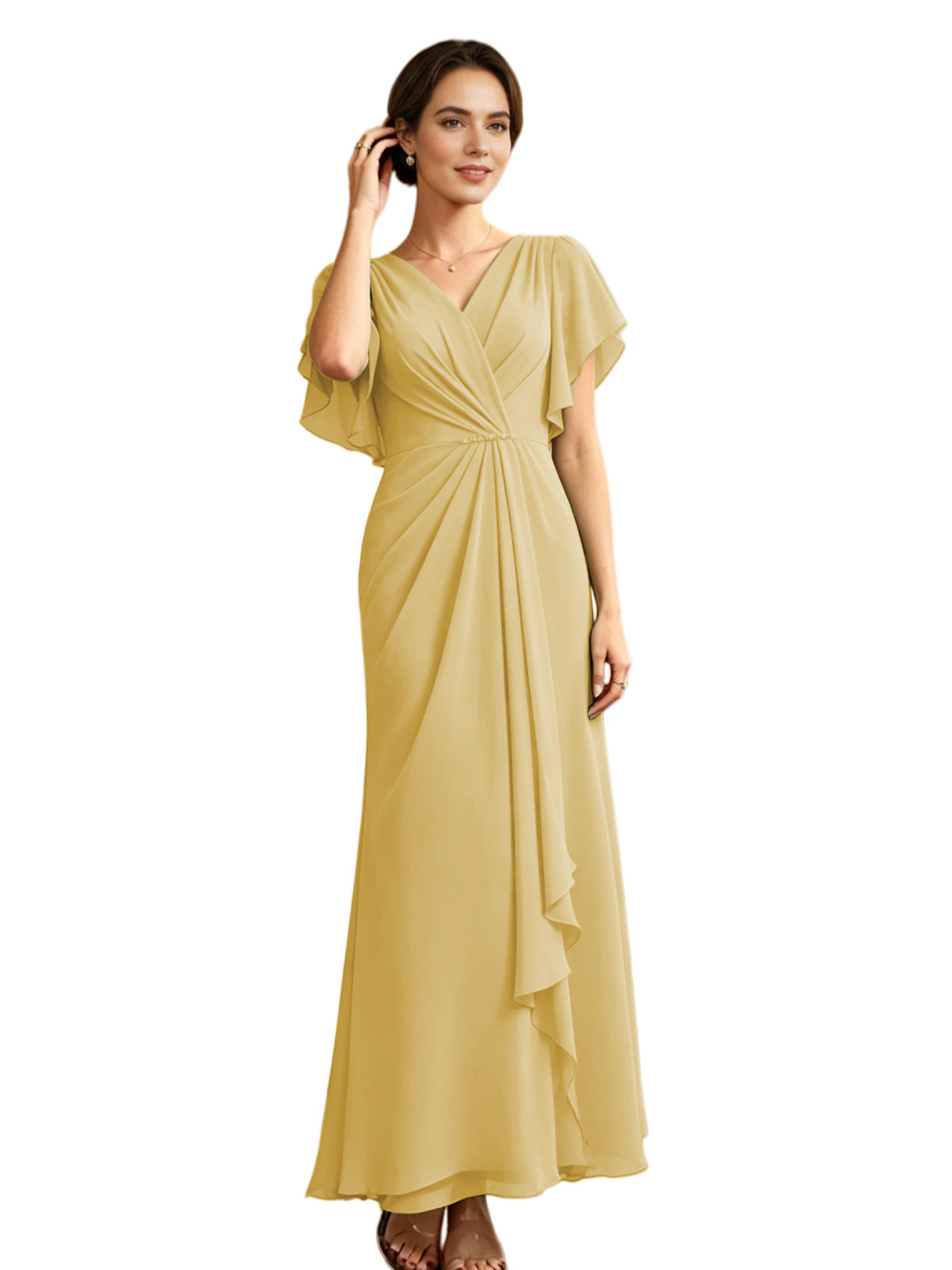 Lemon yellow chiffon A-line mother-of-the-bride dress, V-neck, flutter sleeves, draped side ruffle