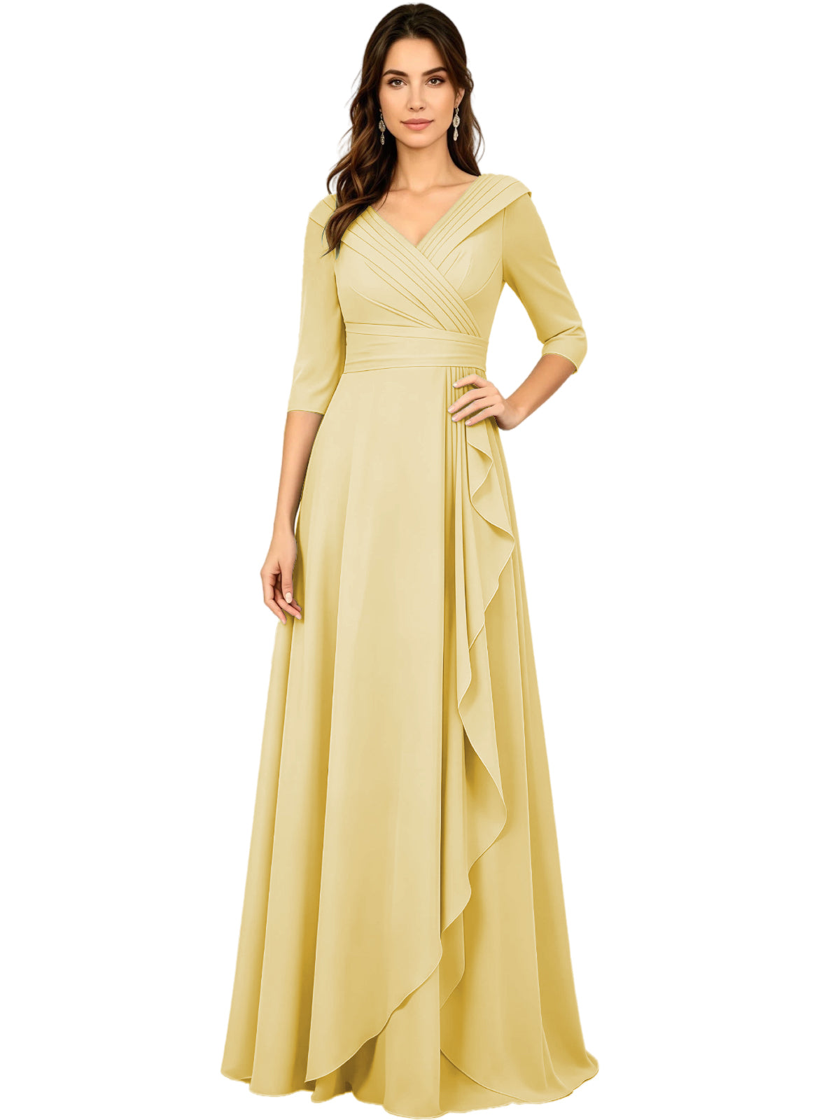 Light yellow chiffon A-line gown with V-neck, half sleeves, and side ruffle drape detail.