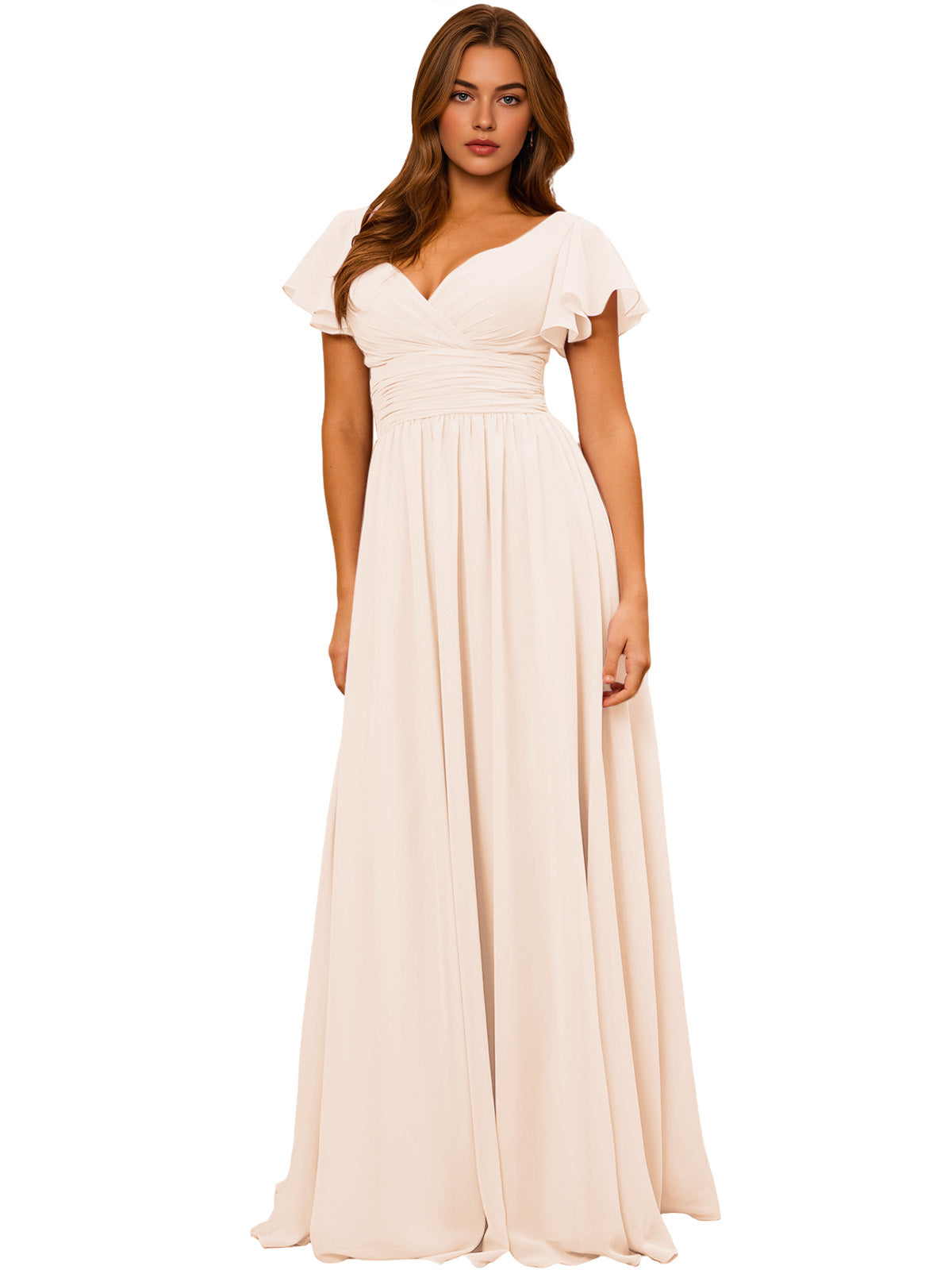 Ivory chiffon V-neck maxi dress with flutter sleeves and empire waist