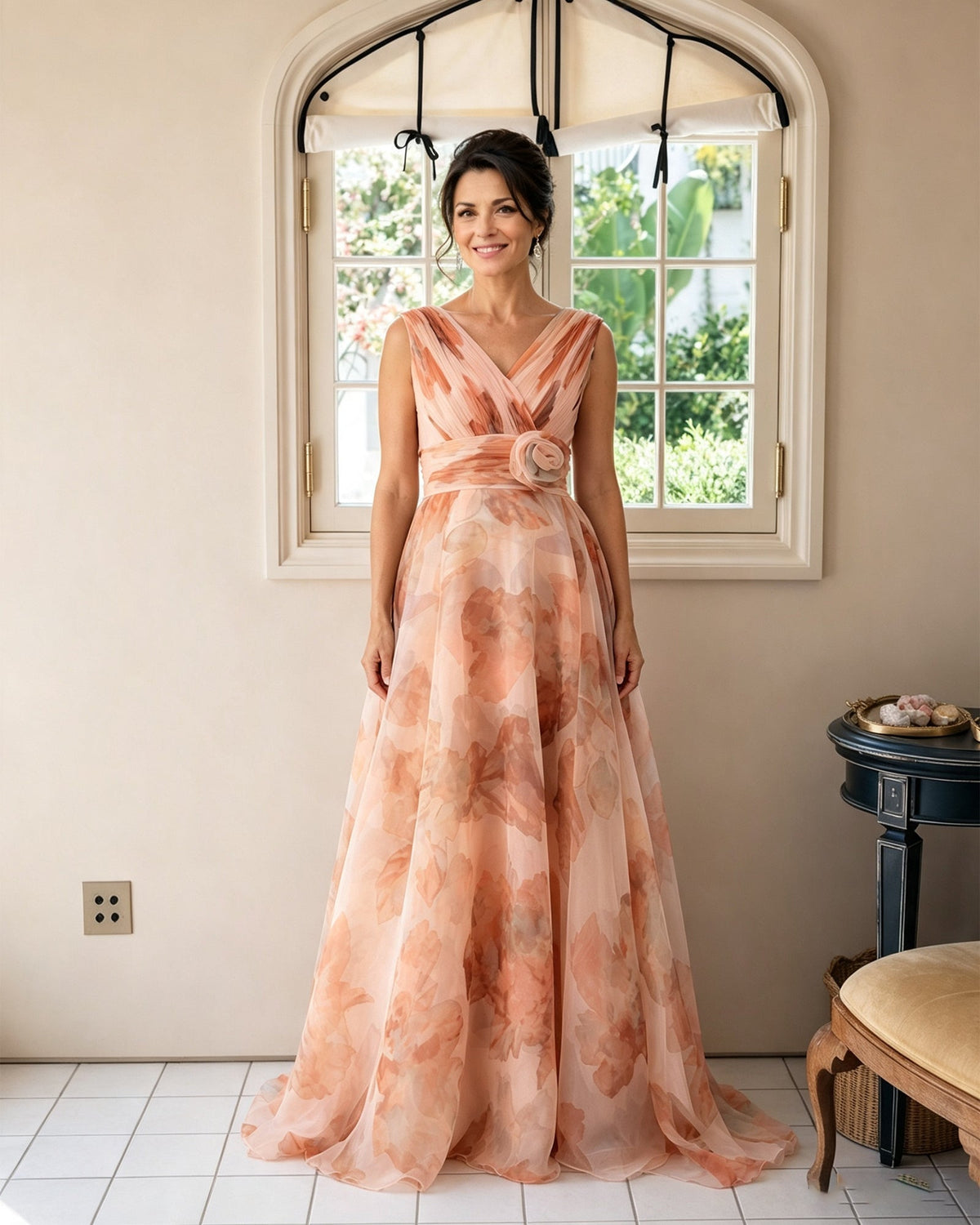 Floral chiffon V-neck mother of the bride dress with rosette sash, sleeveless, pink.