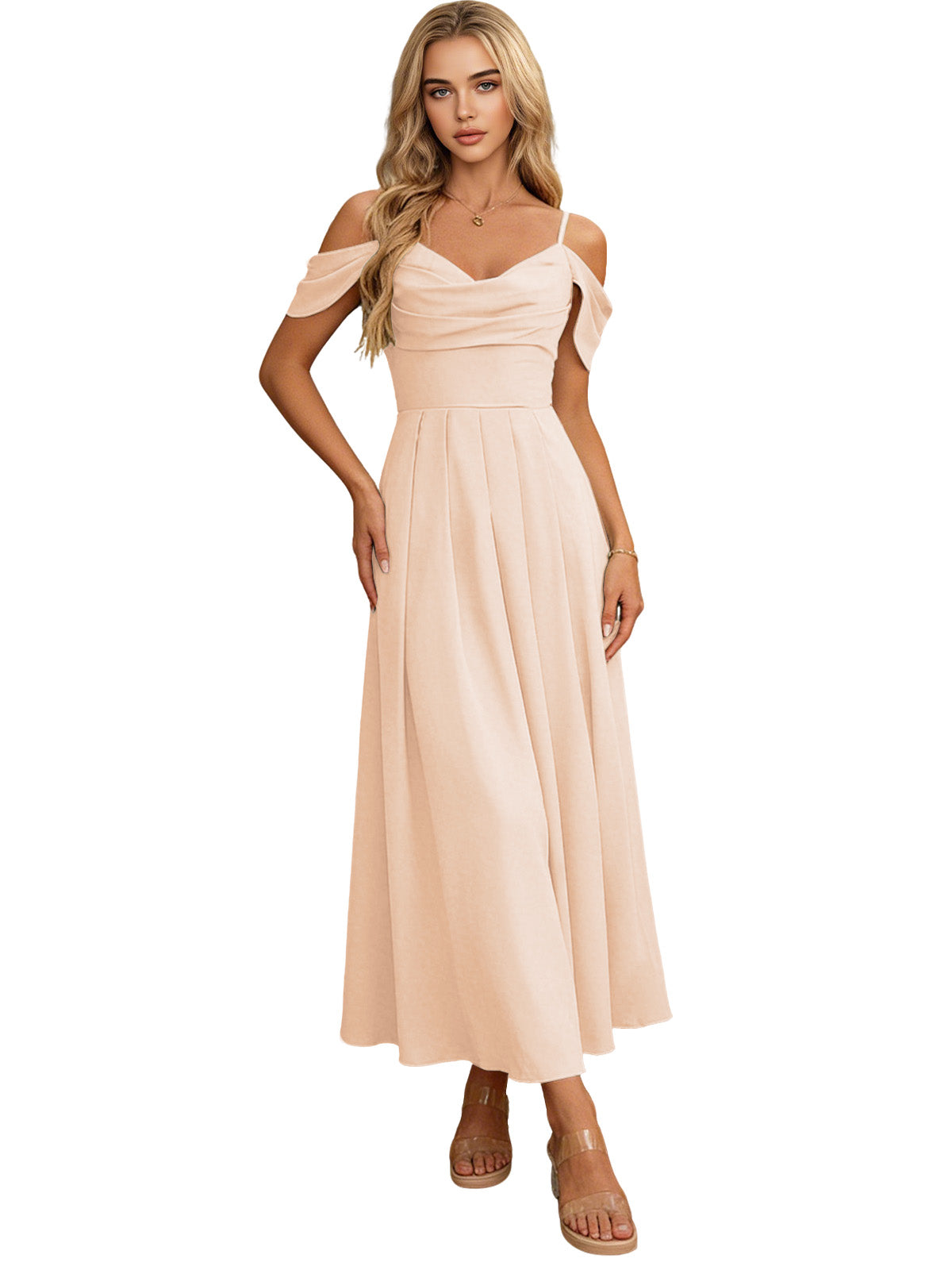 Champagne off-shoulder midi bridesmaid dress with pleated bodice and flowing skirt