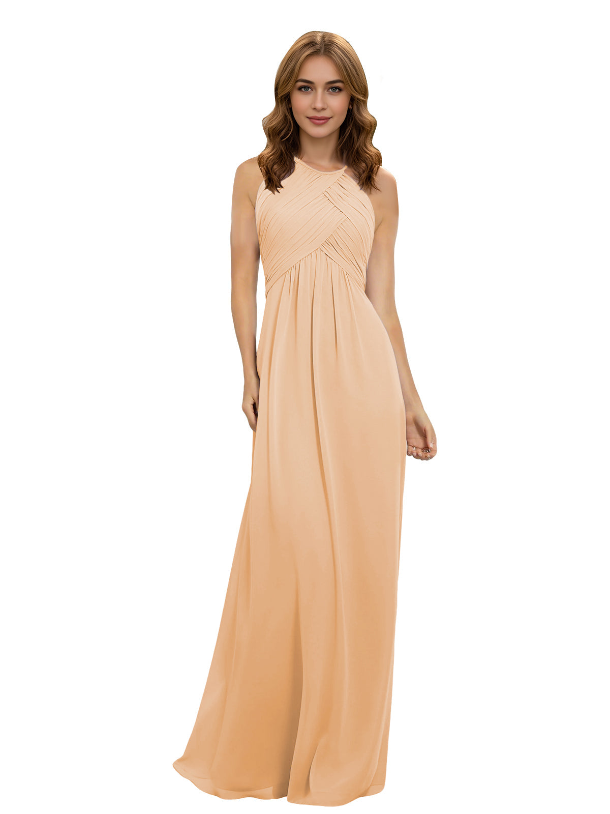 Champagne beige halter chiffon bridesmaid dress with twisted bodice and flowing maxi skirt