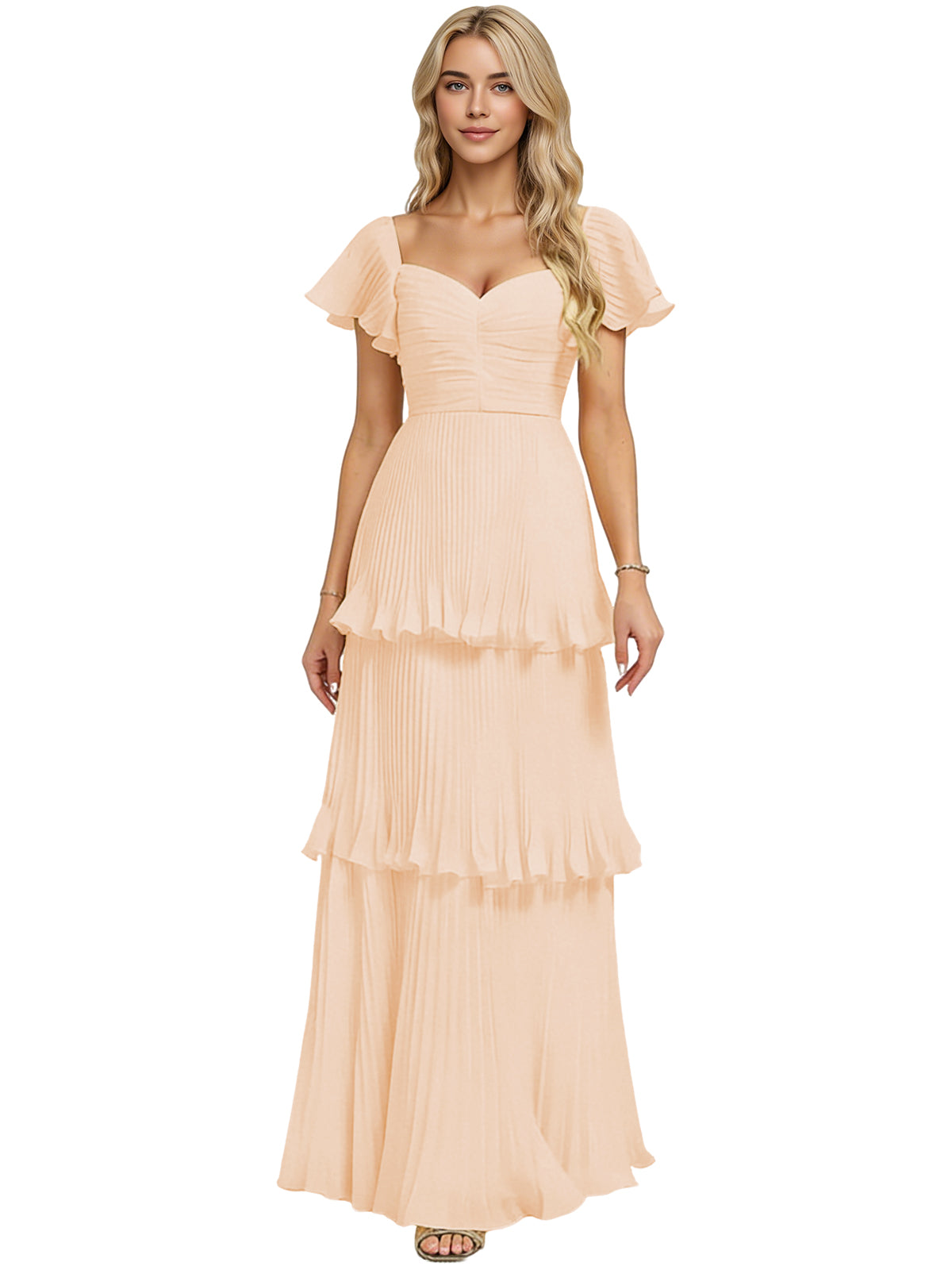 Peach tiered chiffon bridesmaid dress with sweetheart neckline and flutter sleeves