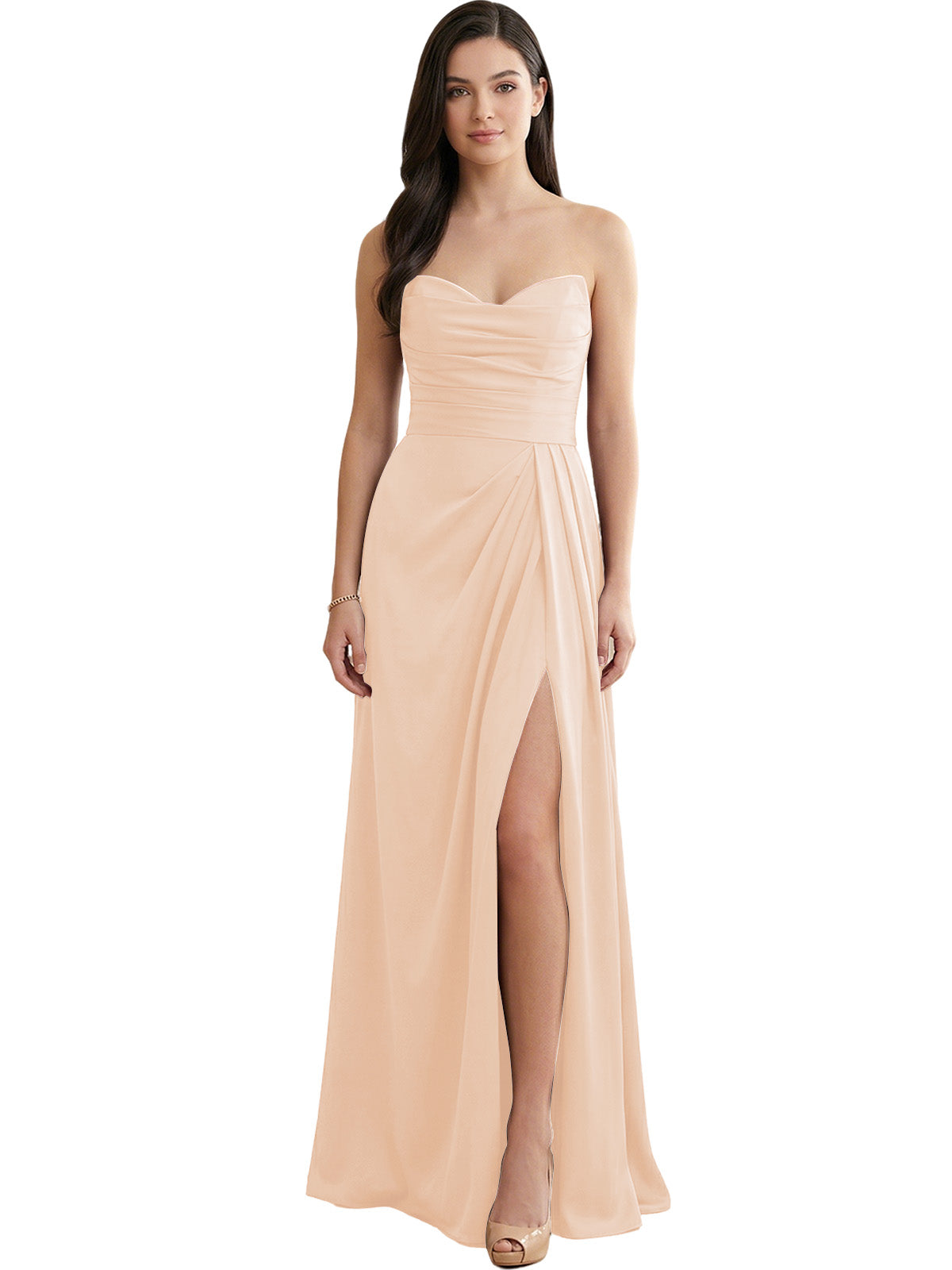Champagne nude strapless satin bridesmaid dress with pleated bodice and side slit