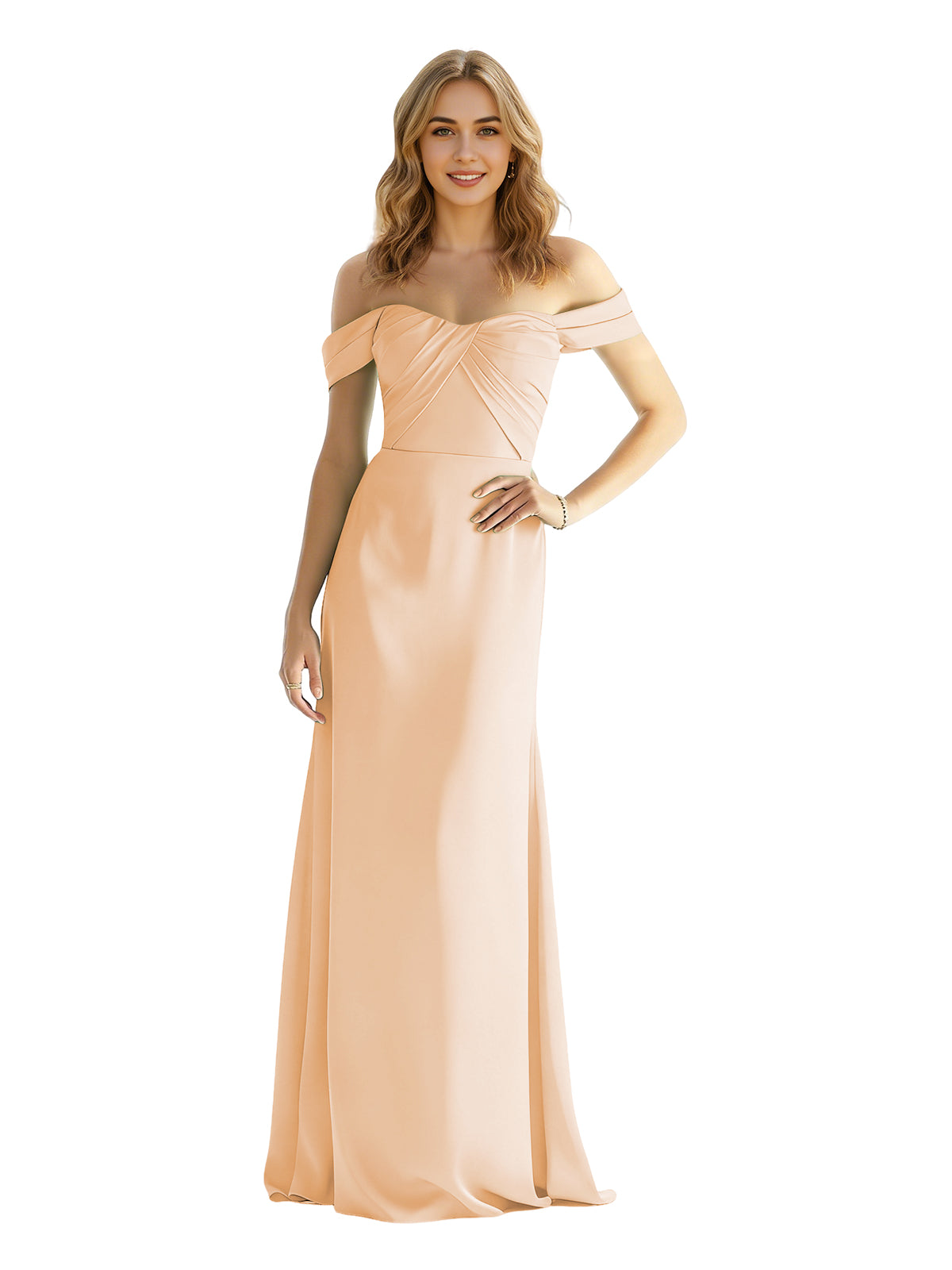 Champagne satin off-shoulder sweetheart bridesmaid dress with wrapped bodice, floor length