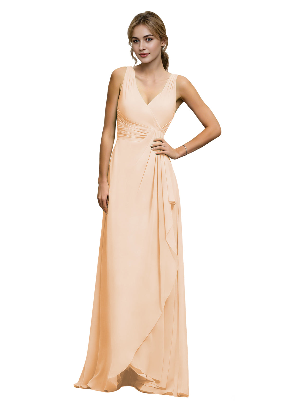 Halter V-neck chiffon bridesmaid dress in champagne, draped sash at waist.