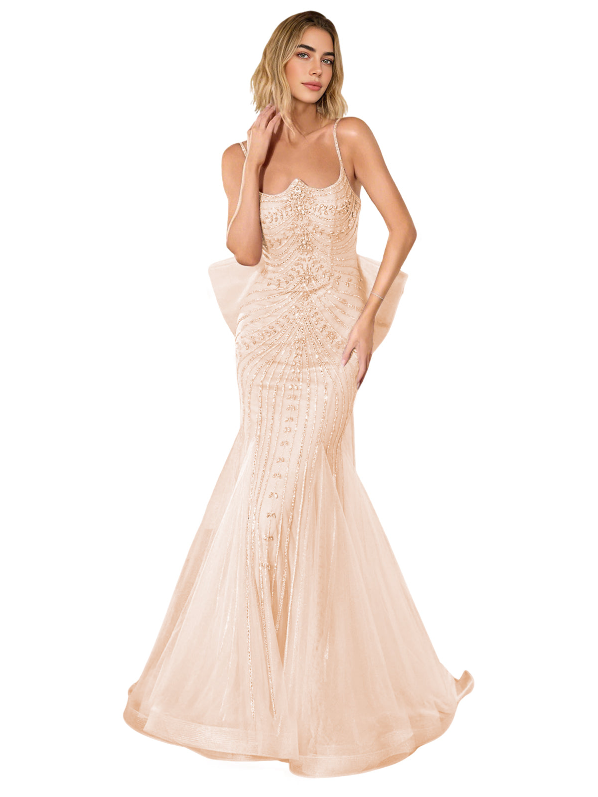 Champagne strapless lace trumpet prom dress with fitted corset bodice and sweep train