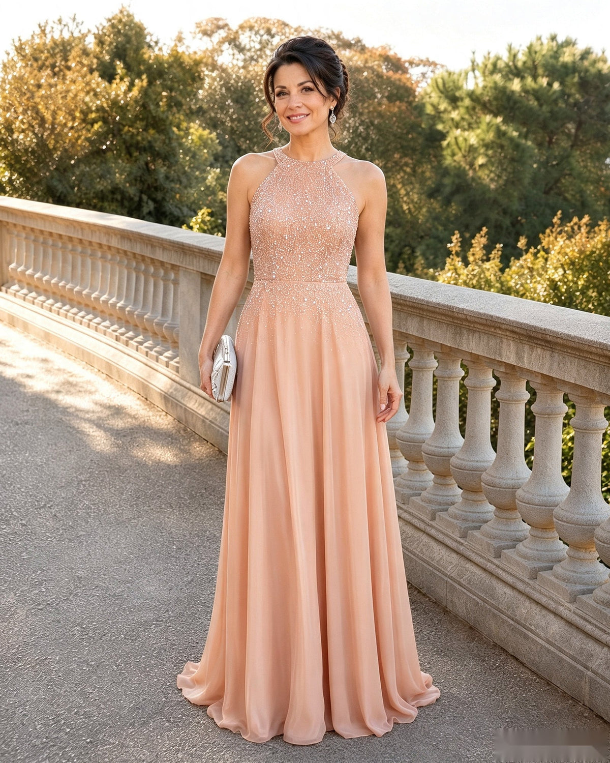 A-line mother-of-the-bride dress with halter neckline, allover sequins, apricot chiffon bodice.