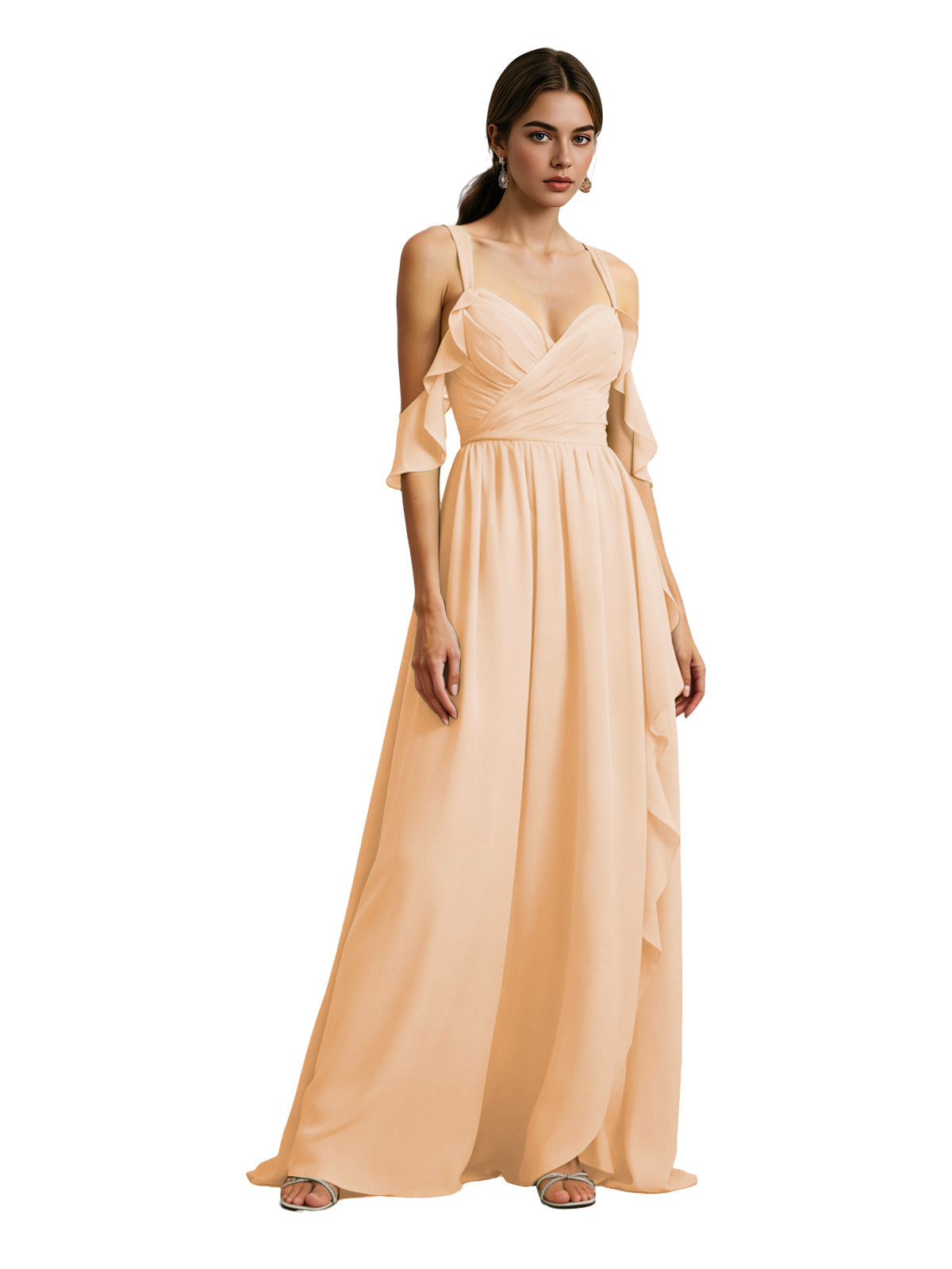 Champagne peach chiffon cold-shoulder bridesmaid dress with draped V-neck bodice and long skirt