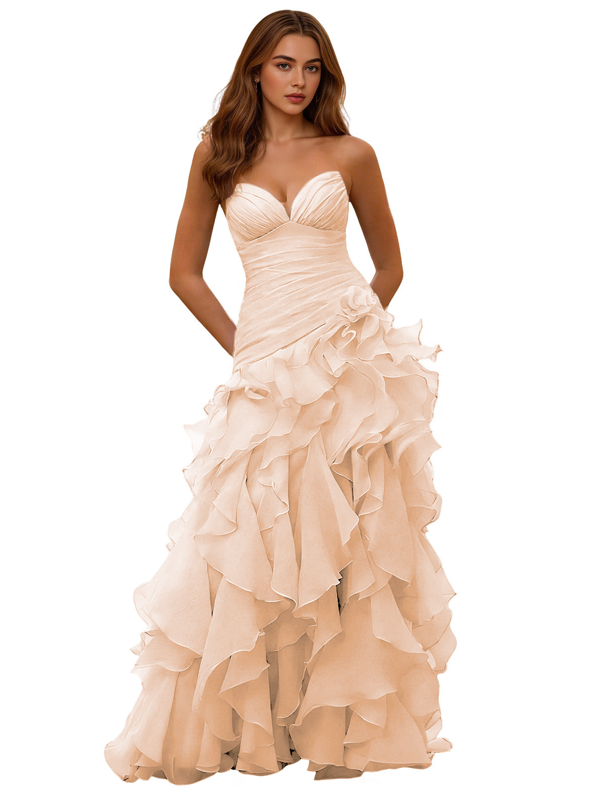 Strapless organza ruffle ball gown prom dress in ivory, layered ruffle skirt