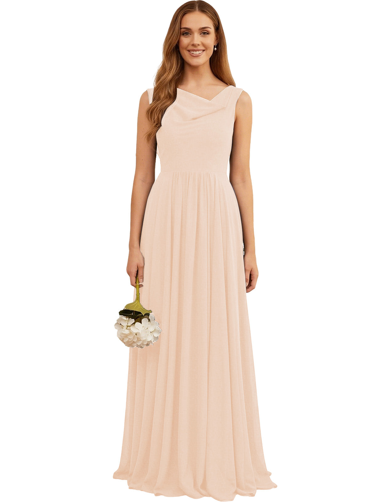 Champagne chiffon bridesmaid dress with V-neck sleeveless bodice and pleated skirt