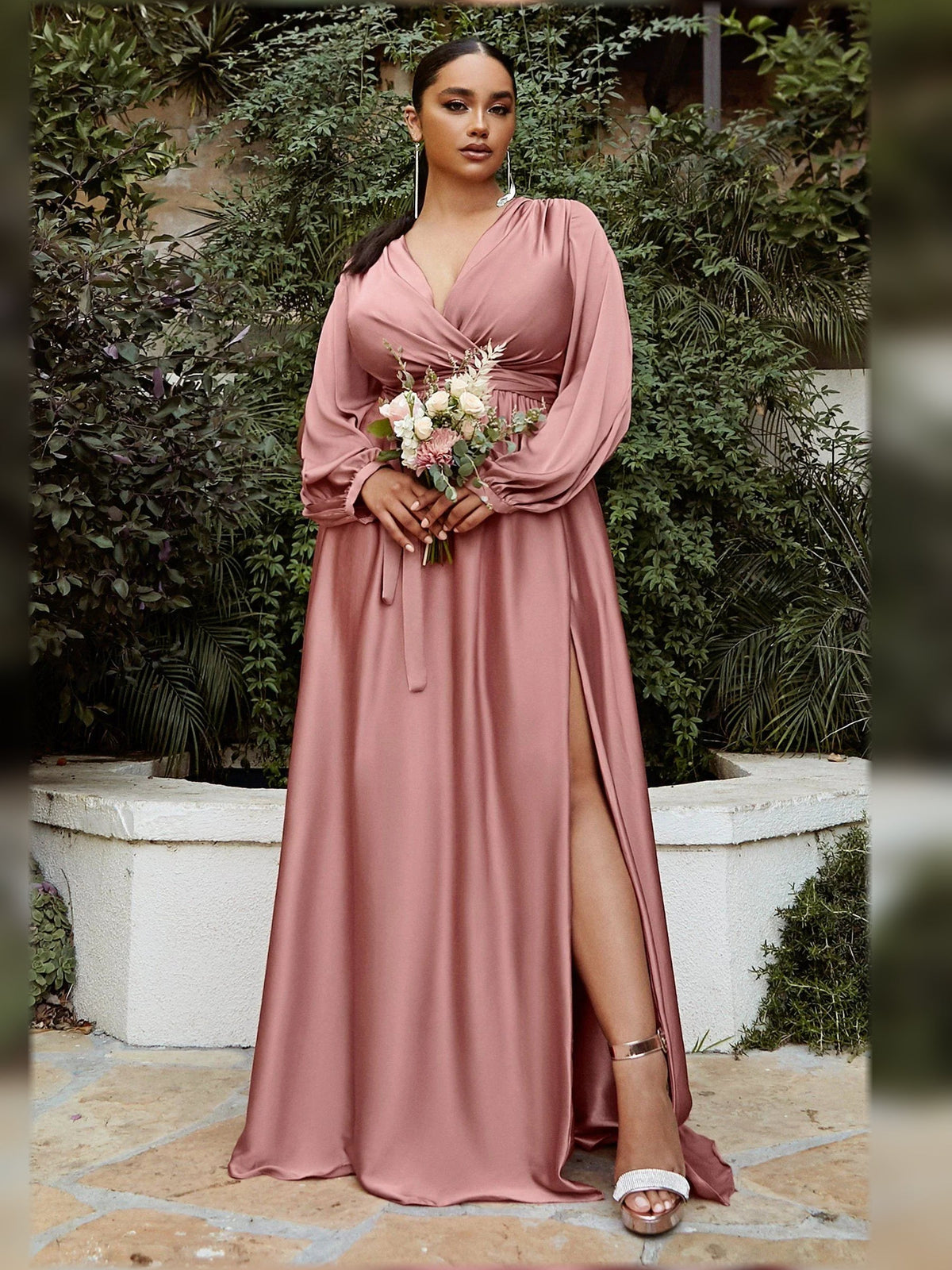 Dusty rose V-neck long-sleeve pleated floor-length formal dress with draped bodice and slit