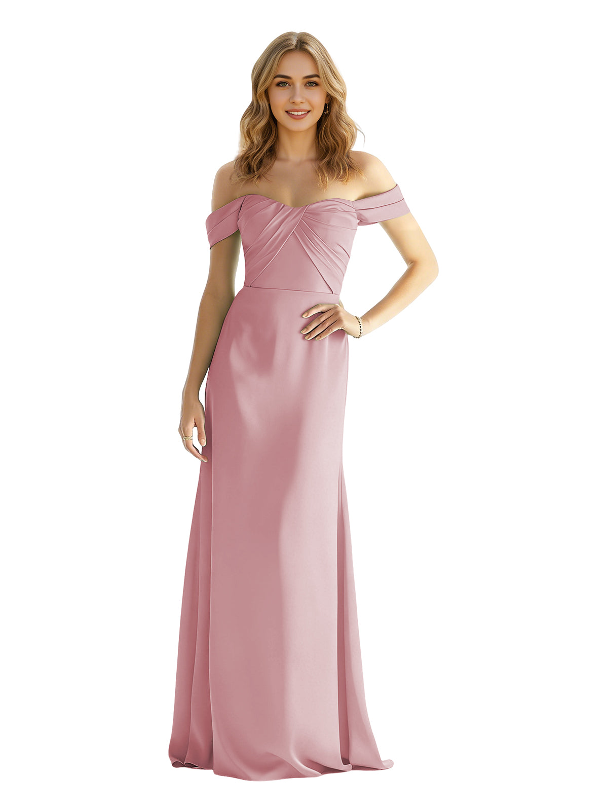 Dusty rose satin off-shoulder sweetheart bridesmaid dress with wrapped bodice, floor length