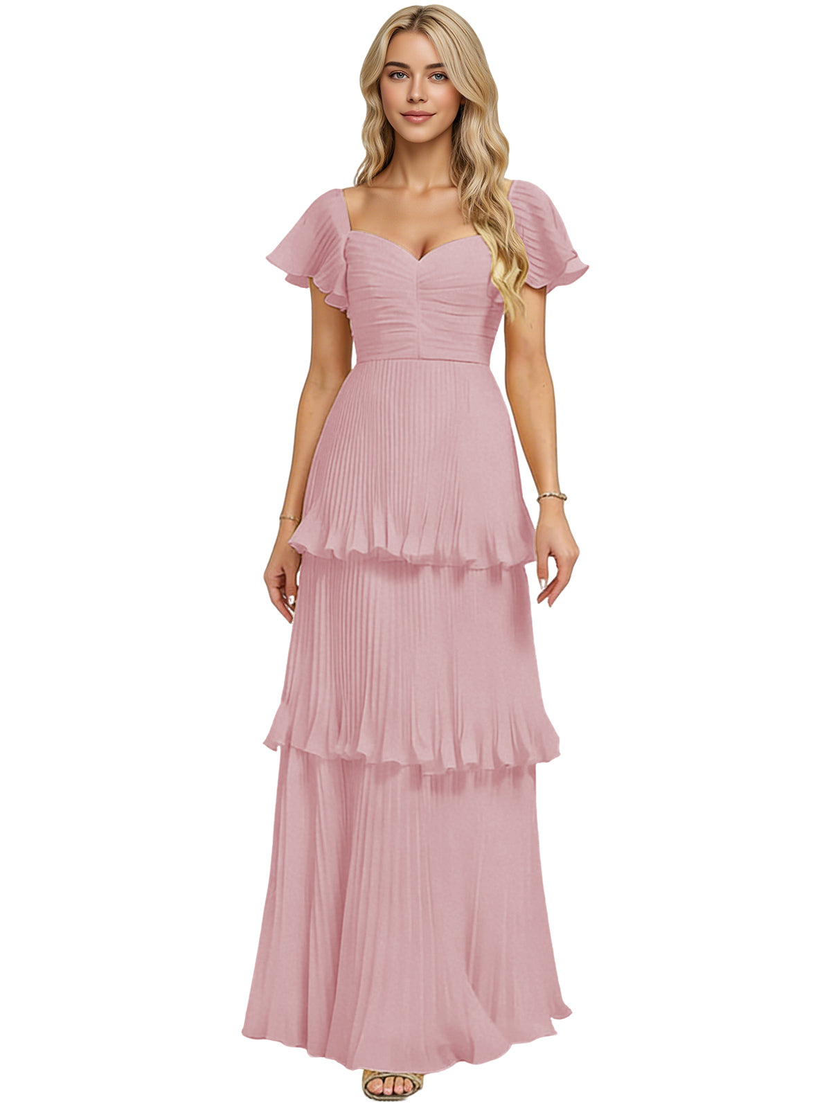 Dusty rose tiered chiffon bridesmaid dress with sweetheart neckline and flutter sleeves