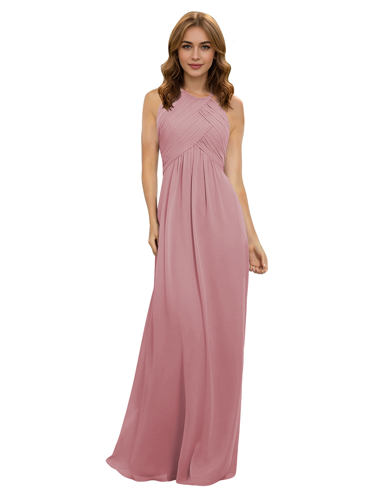 Dusty rose pink halter chiffon bridesmaid dress with twisted bodice and flowing maxi skirt