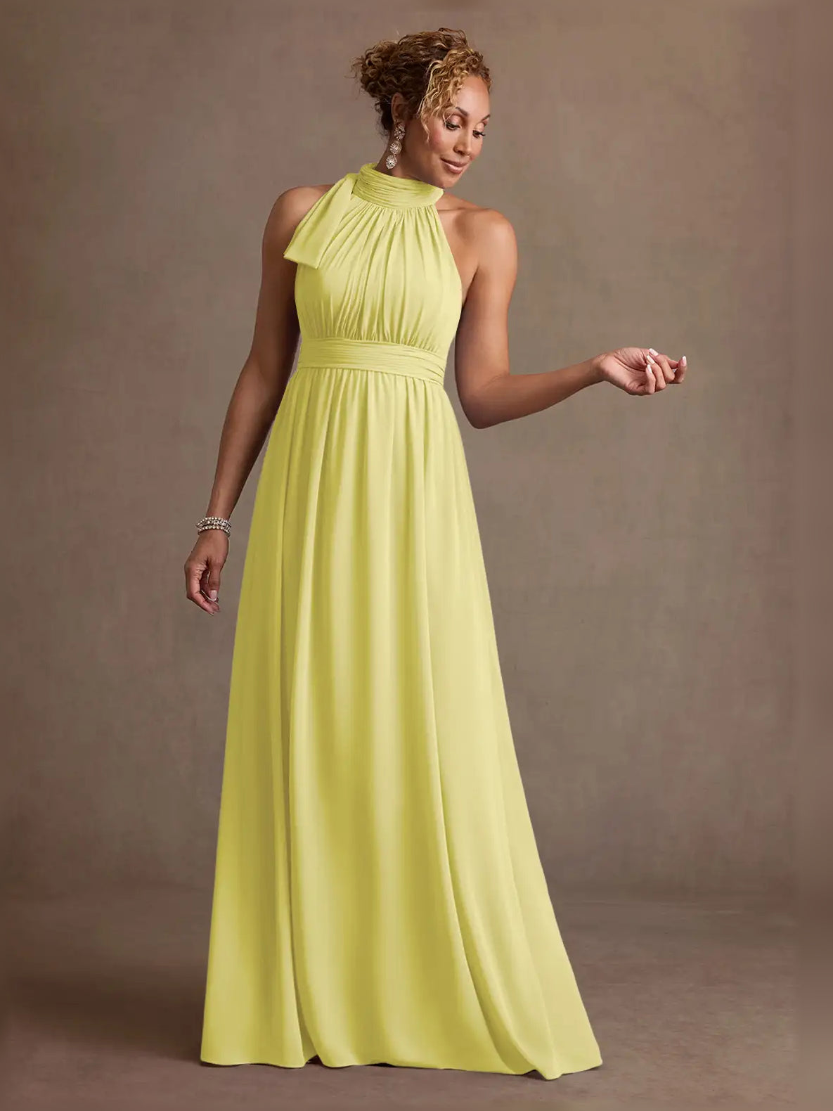 Lemon yellow halter neck ruched A-line formal dress, floor-length skirt with gathered bodice