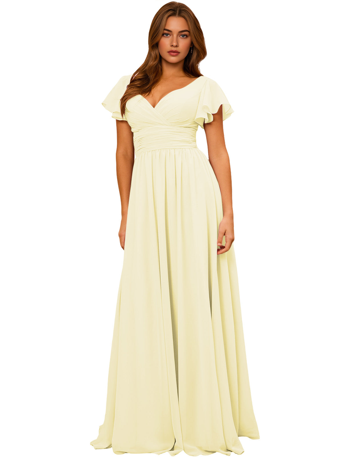 Pale yellow chiffon V-neck maxi dress with flutter sleeves and empire waist