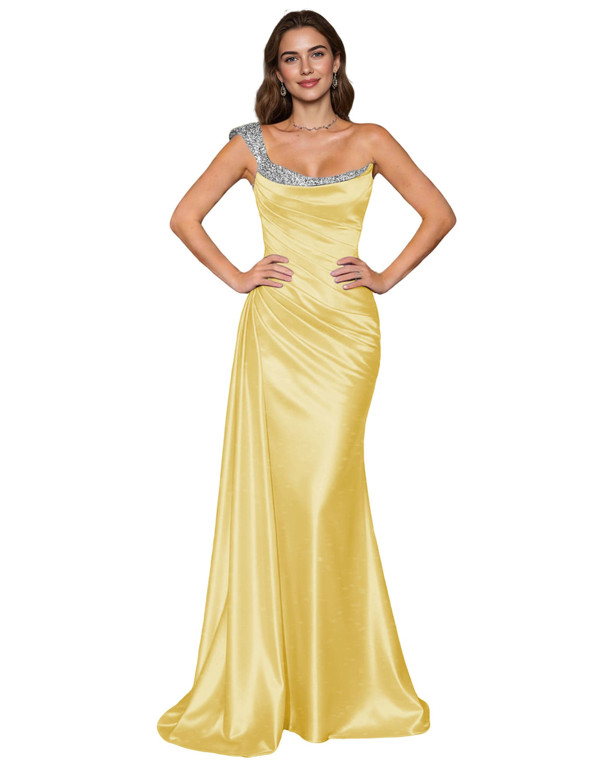 Champagne satin mermaid prom dress with jeweled spaghetti straps and draped cowl neckline