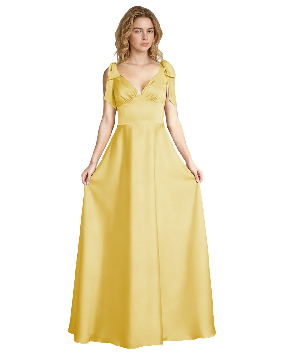 Gold satin V-neck bow strap bridesmaid dress with empire waist and flowing skirt