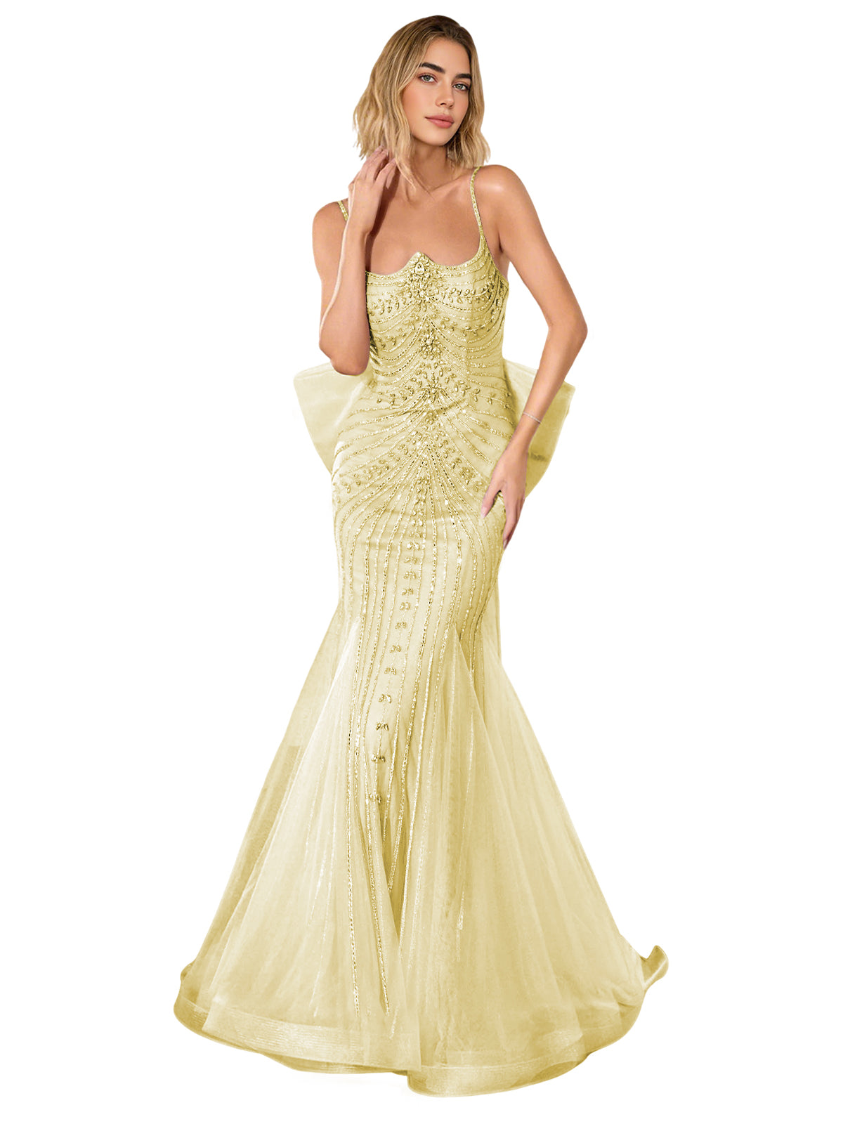 Light gold strapless lace trumpet prom dress with fitted corset bodice and sweep train
