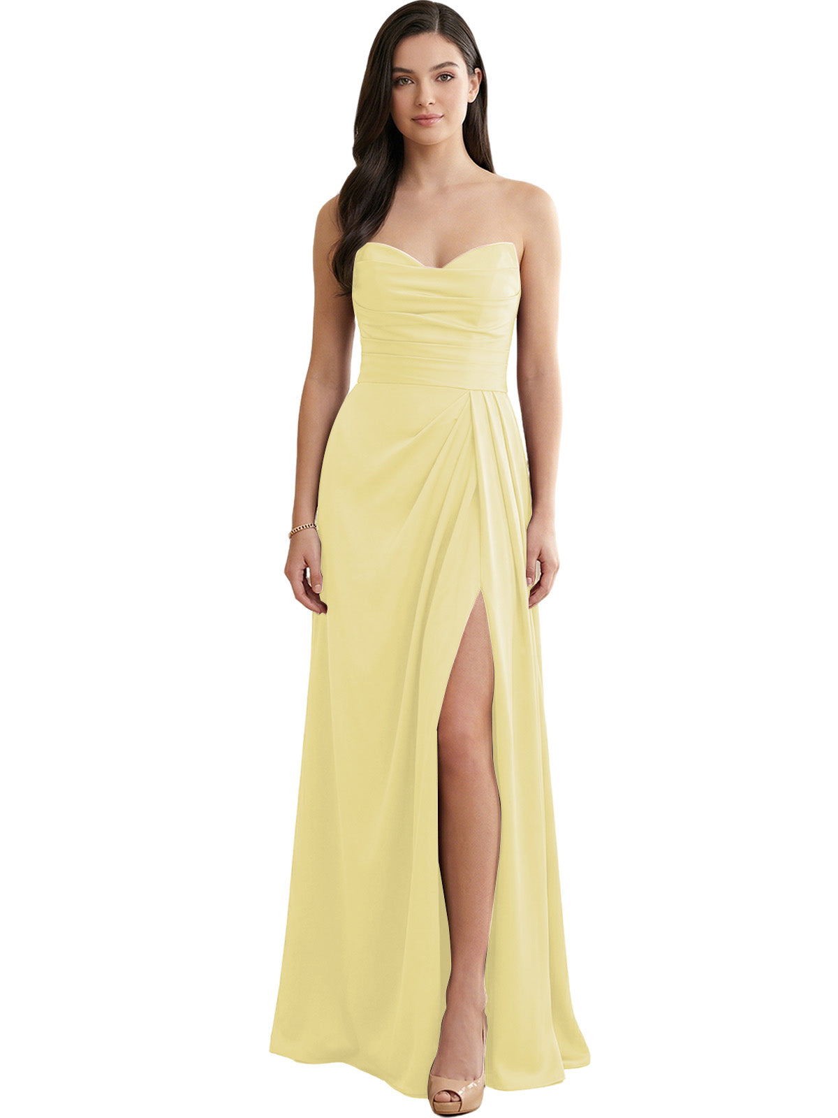 Light yellow strapless satin bridesmaid dress with pleated bodice and side slit